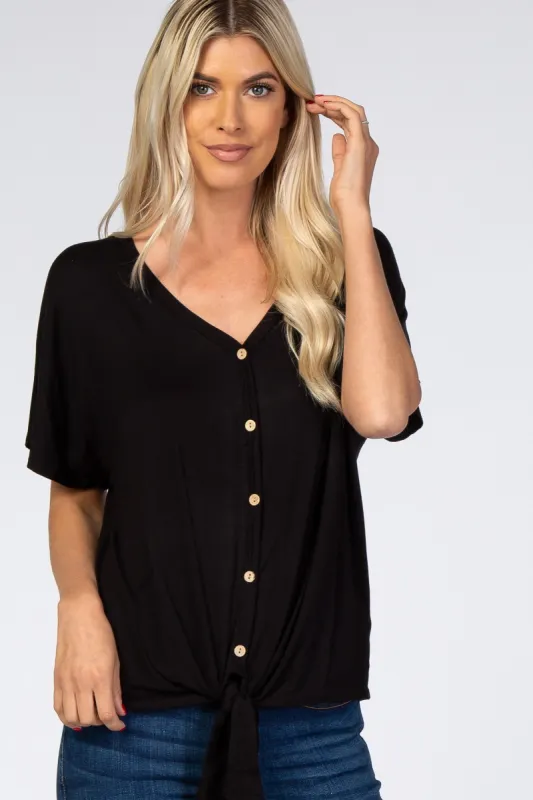 Black Tie Front Short Sleeve Top sold by Pinkblush