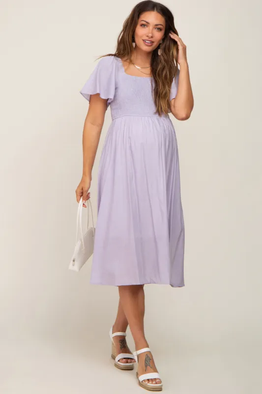 Lavender Smocked Square Neck Flutter Short Sleeve Maternity Midi Dress sold by Pinkblush