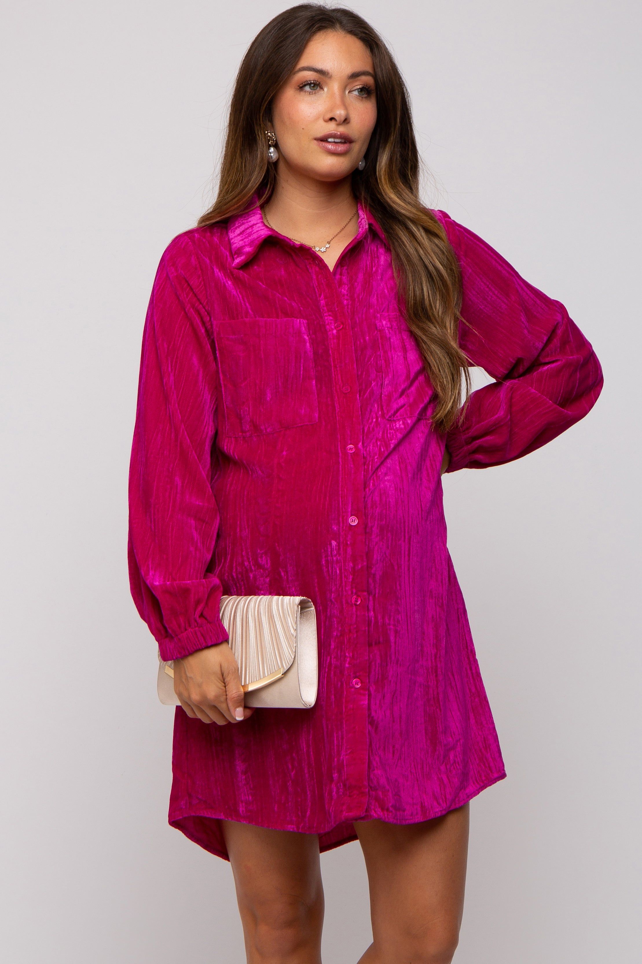 Magenta Velour Button Up Maternity Dress sold by Pinkblush