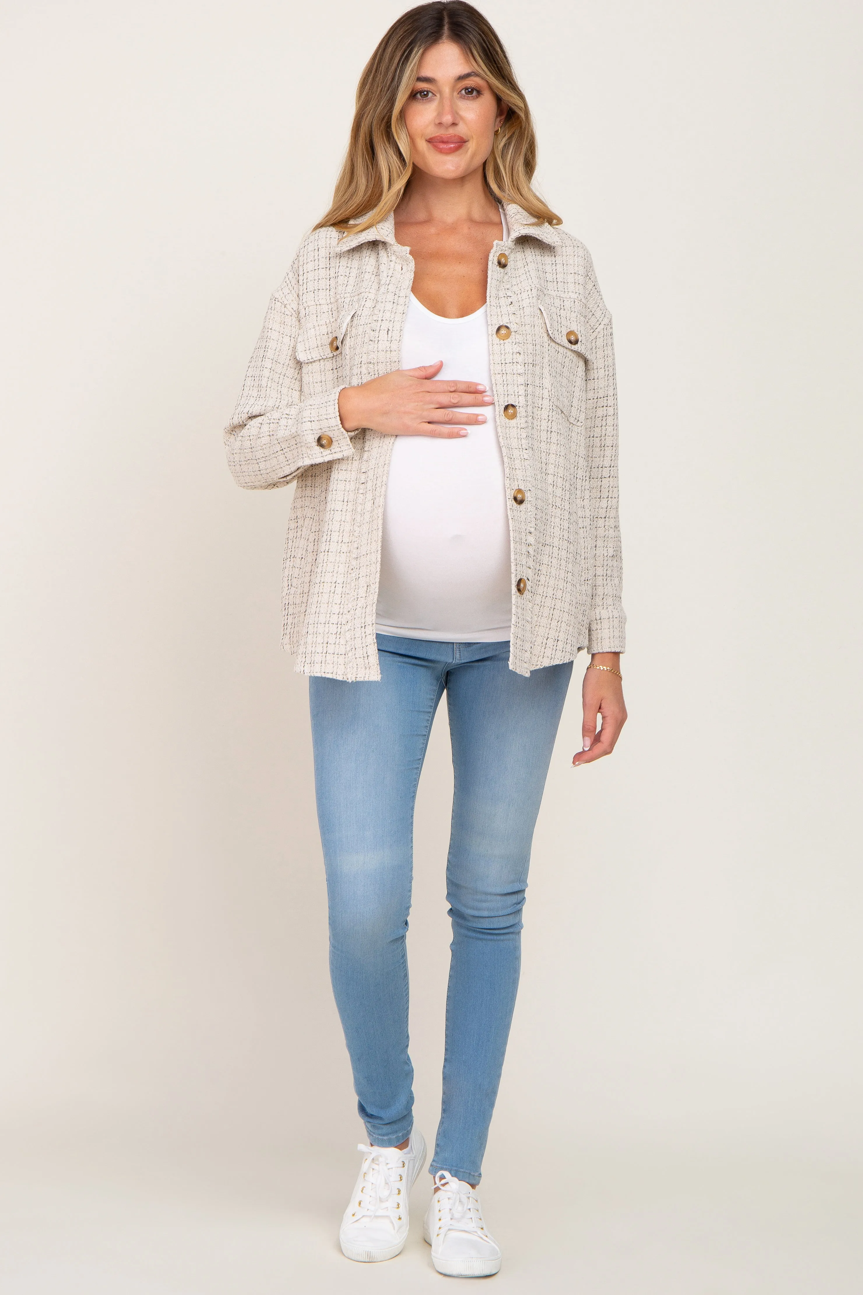 Beige Tweed Front Pocket Maternity Shacket sold by Pinkblush product image thumbnail 4