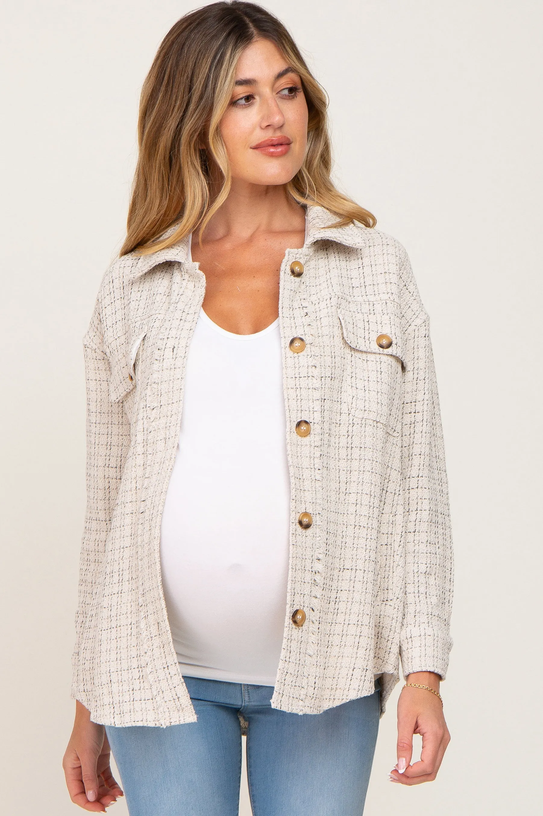 Beige Tweed Front Pocket Maternity Shacket sold by Pinkblush