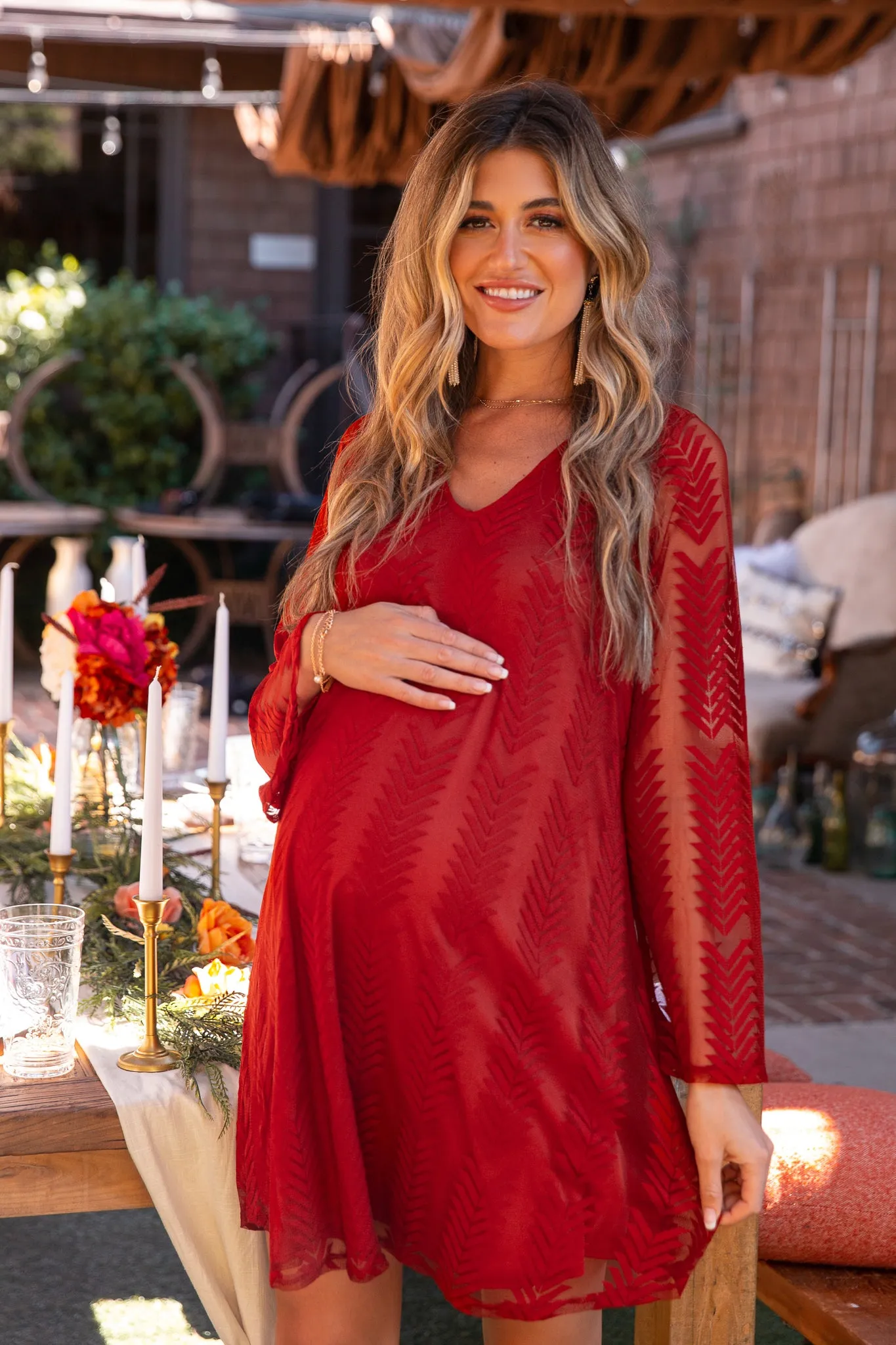 PinkBlush Rust Chevron Mesh Overlay Maternity Dress sold by Pinkblush