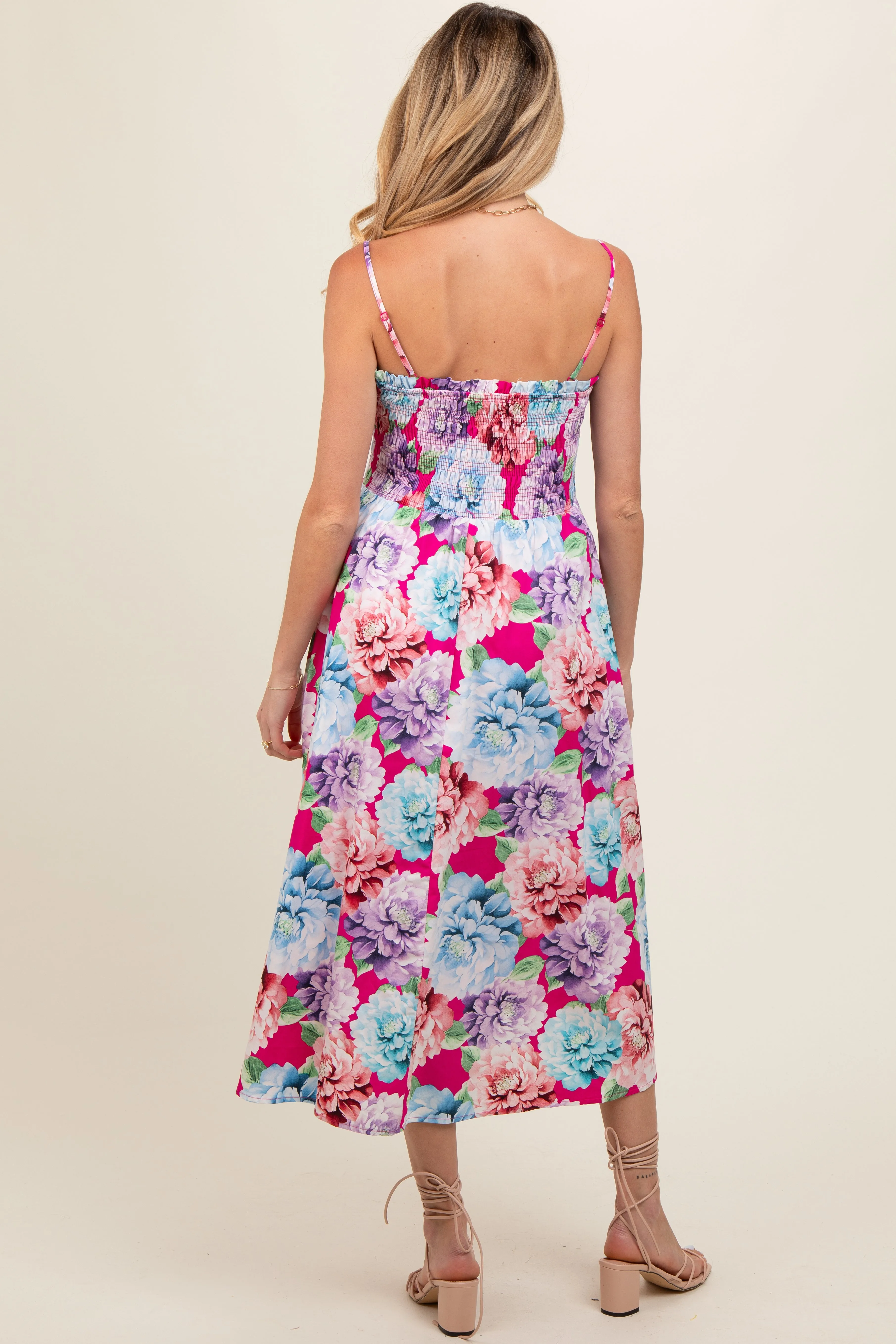 Fuchsia Floral Smocked Maternity Midi Dress sold by Pinkblush product image thumbnail 2