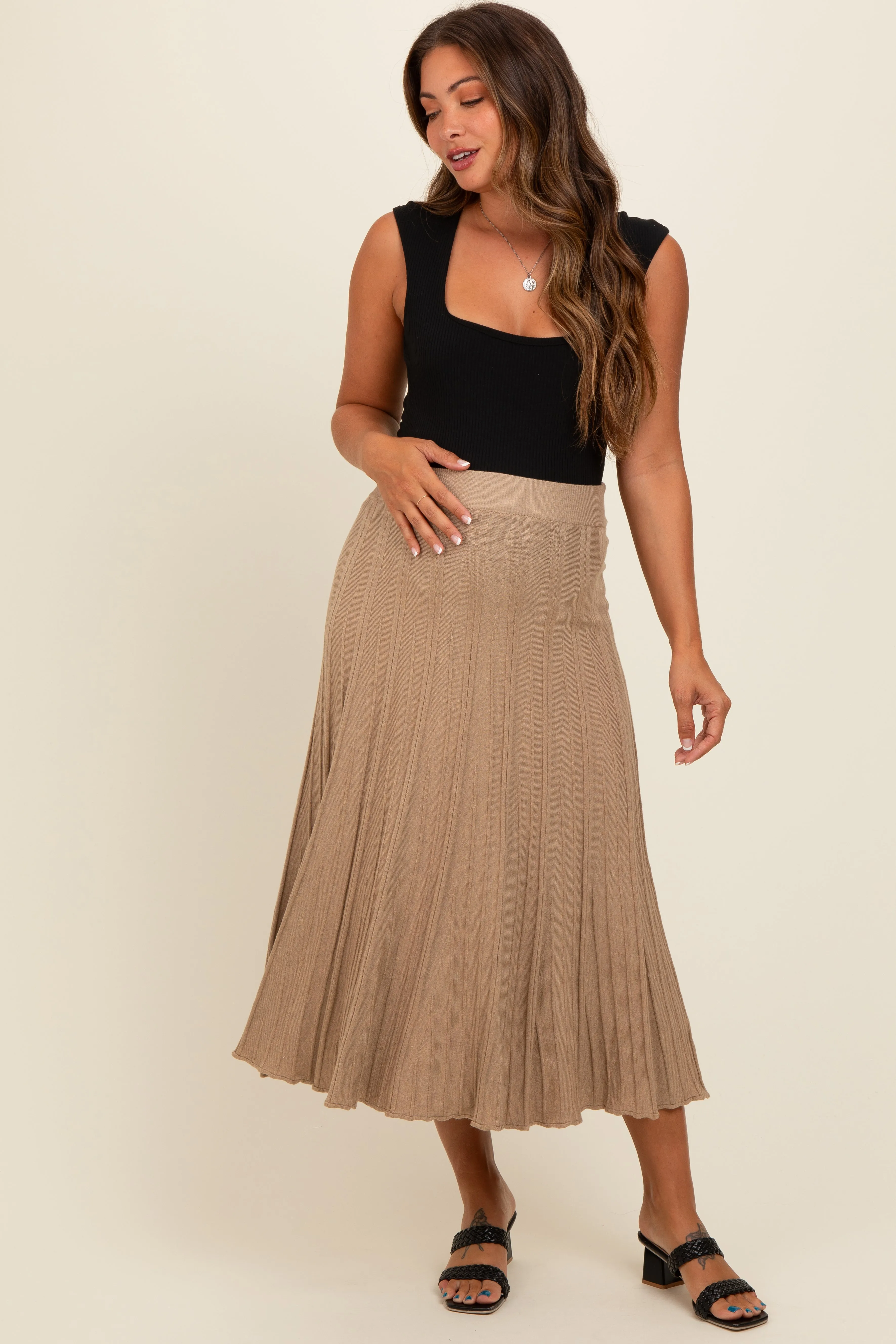 Mocha Ribbed Knit A-Line Midi Maternity Skirt sold by Pinkblush