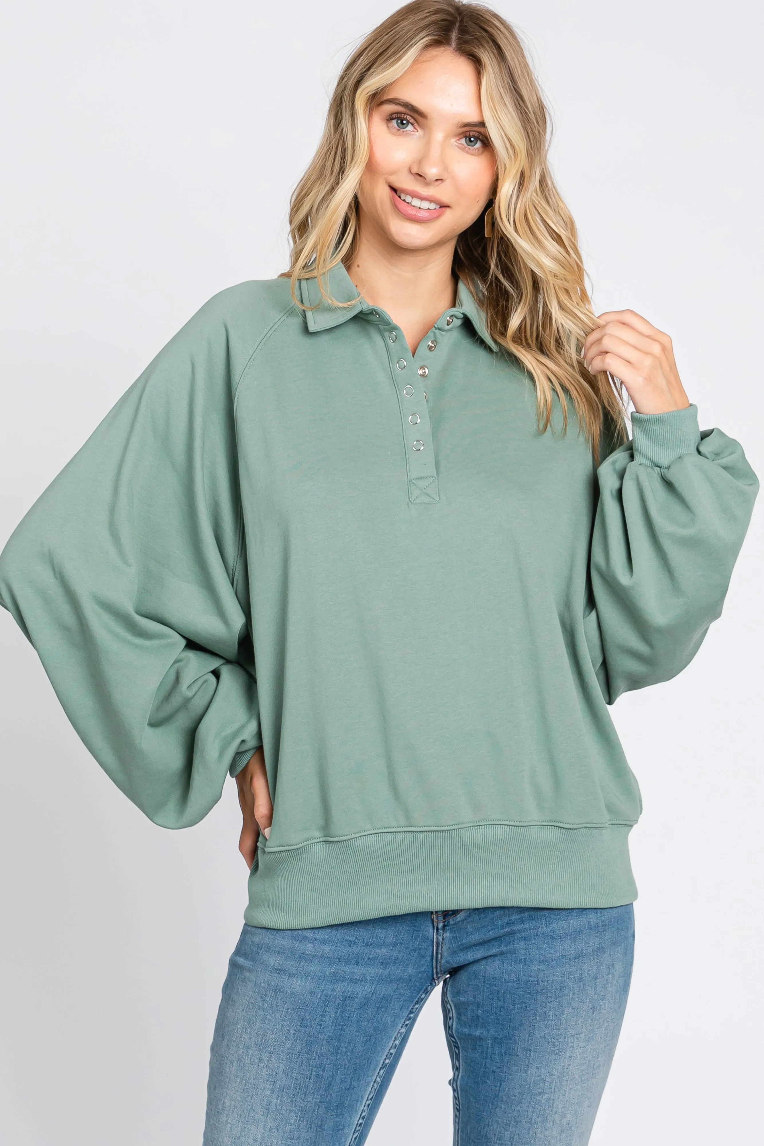 Sage Collared Button Pullover sold by Pinkblush