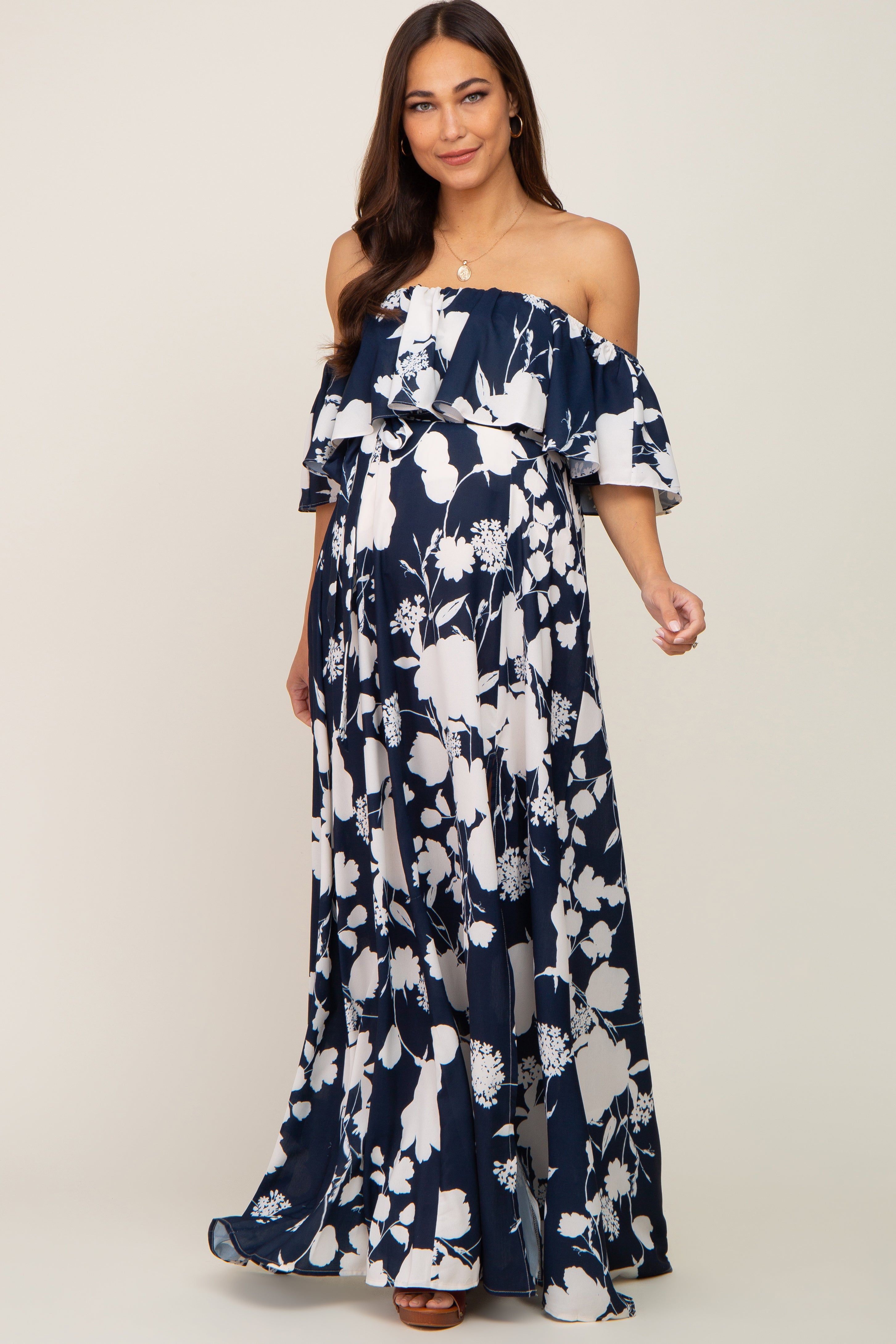 Navy Blue Floral Overlay Off-Shoulder Side Slit Maternity Maxi Dress sold by Pinkblush product image thumbnail 4