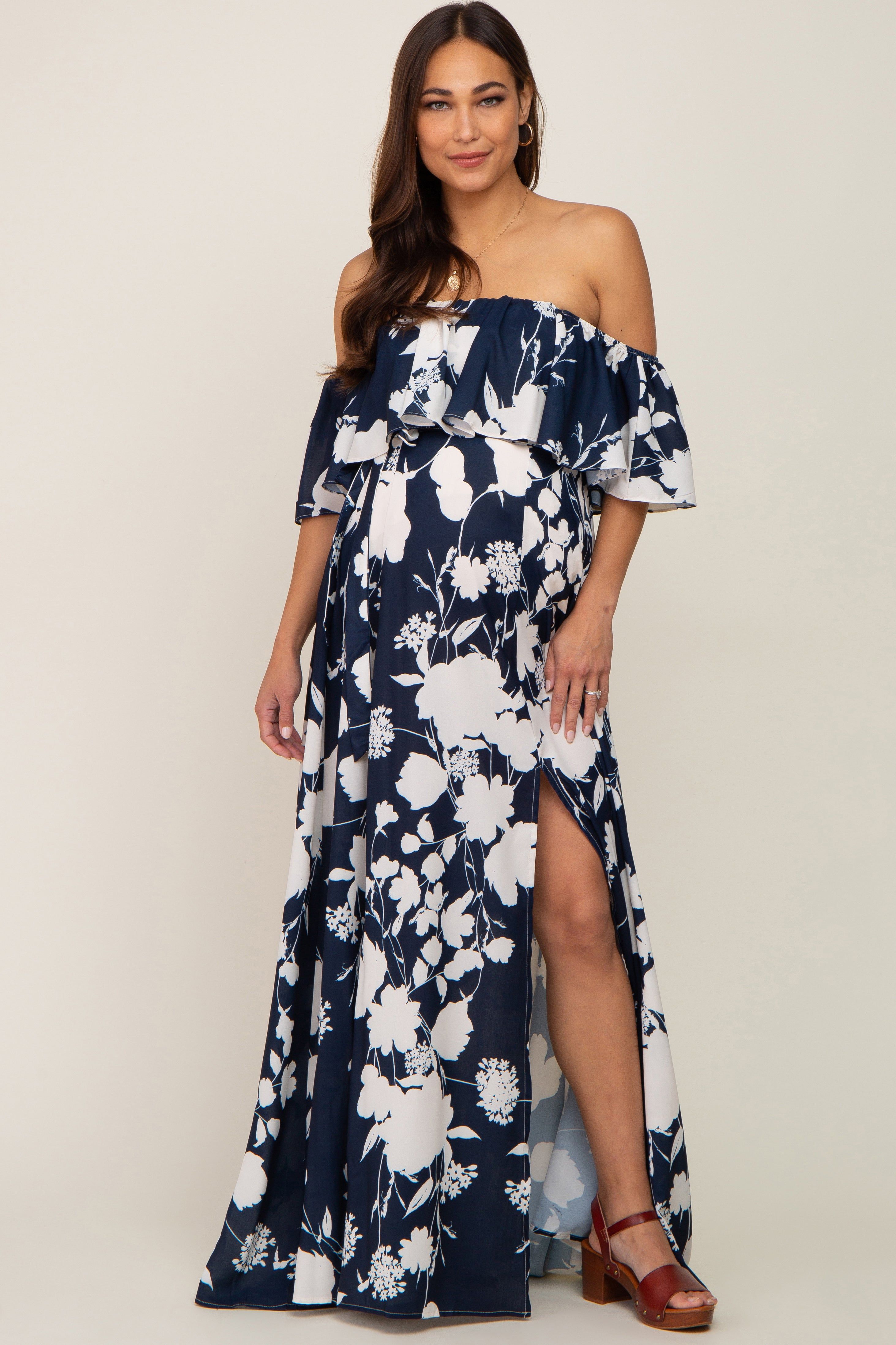 Navy Blue Floral Overlay Off-Shoulder Side Slit Maternity Maxi Dress sold by Pinkblush