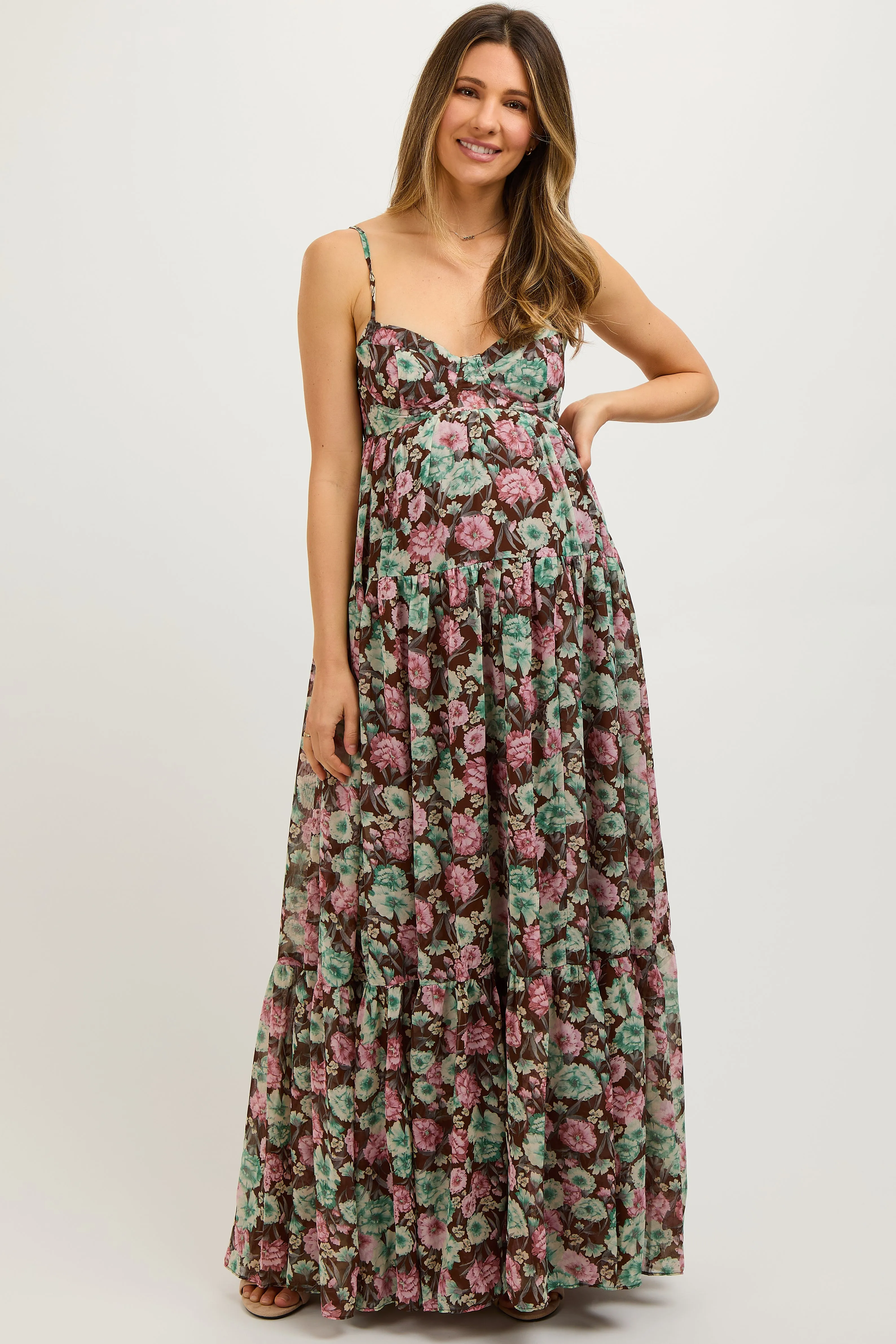 Brown Floral Sleeveless Tiered Maternity Maxi Dress sold by Pinkblush product image thumbnail 3