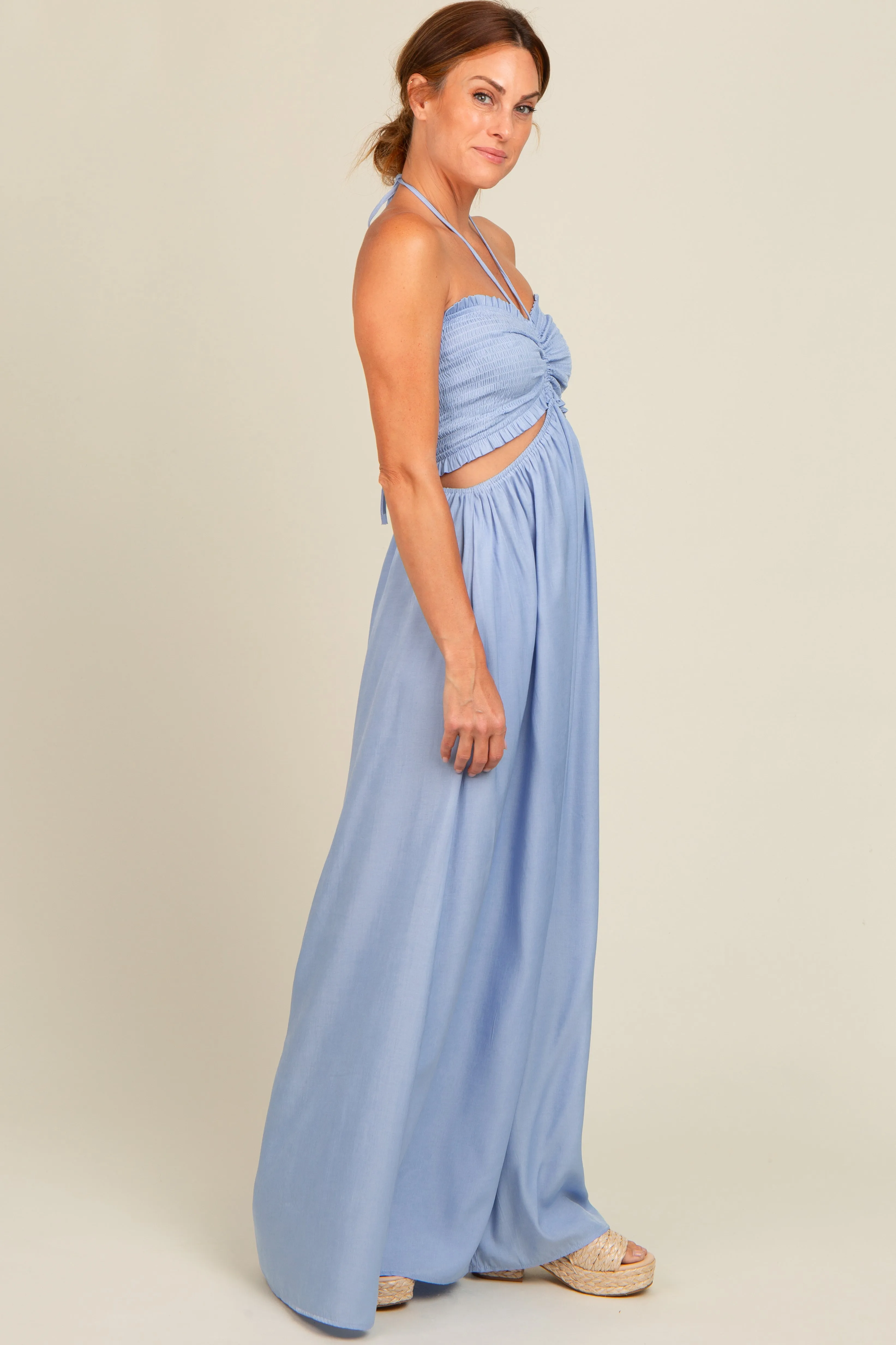 Light Blue Smocked Drawstring Halter Side Cutout Jumpsuit sold by Pinkblush product image thumbnail 2