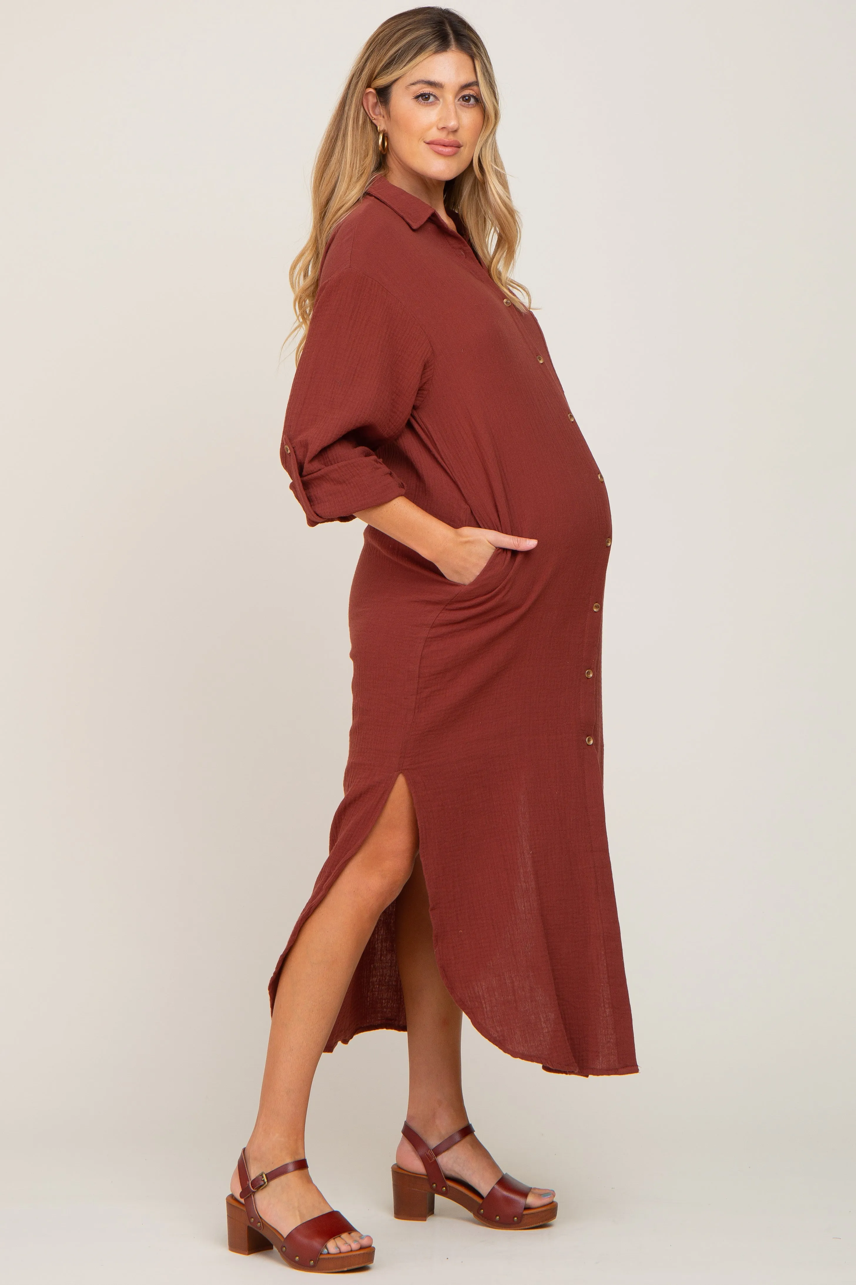 Rust Button Down 3/4 Sleeve Maternity Midi Dress sold by Pinkblush product image thumbnail 2