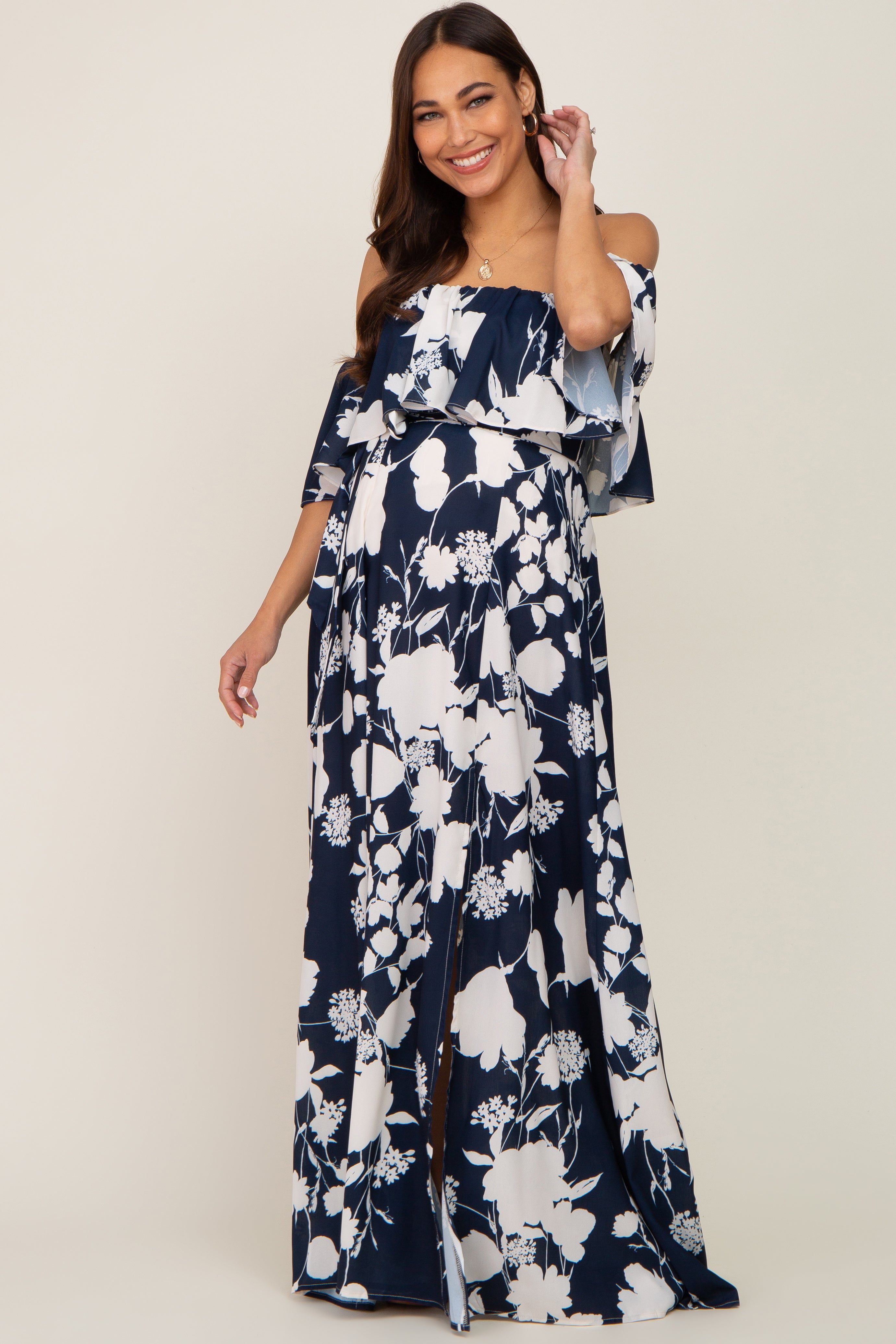 Navy Blue Floral Overlay Off-Shoulder Side Slit Maternity Maxi Dress sold by Pinkblush product image thumbnail 5