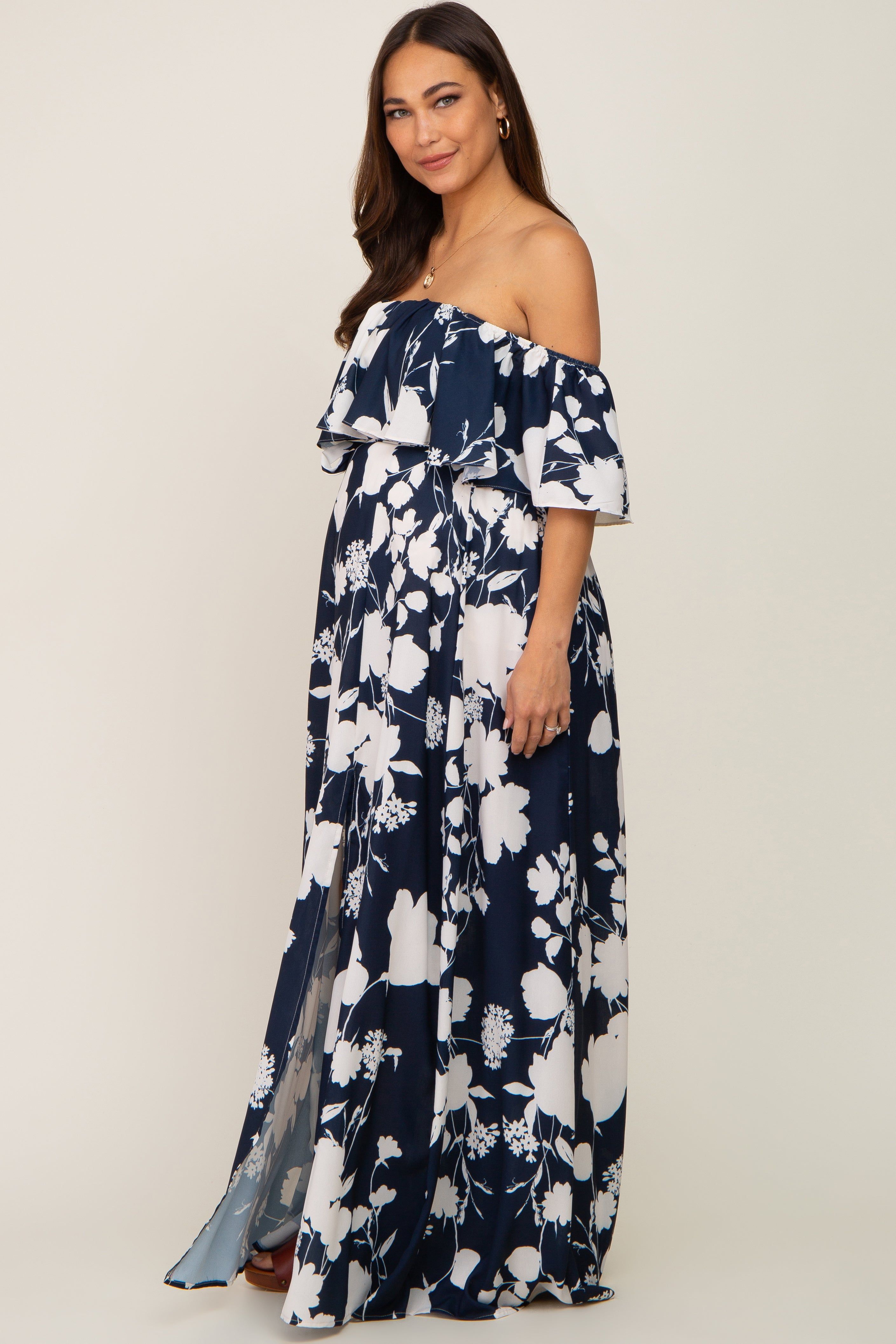 Navy Blue Floral Overlay Off-Shoulder Side Slit Maternity Maxi Dress sold by Pinkblush product image thumbnail 2