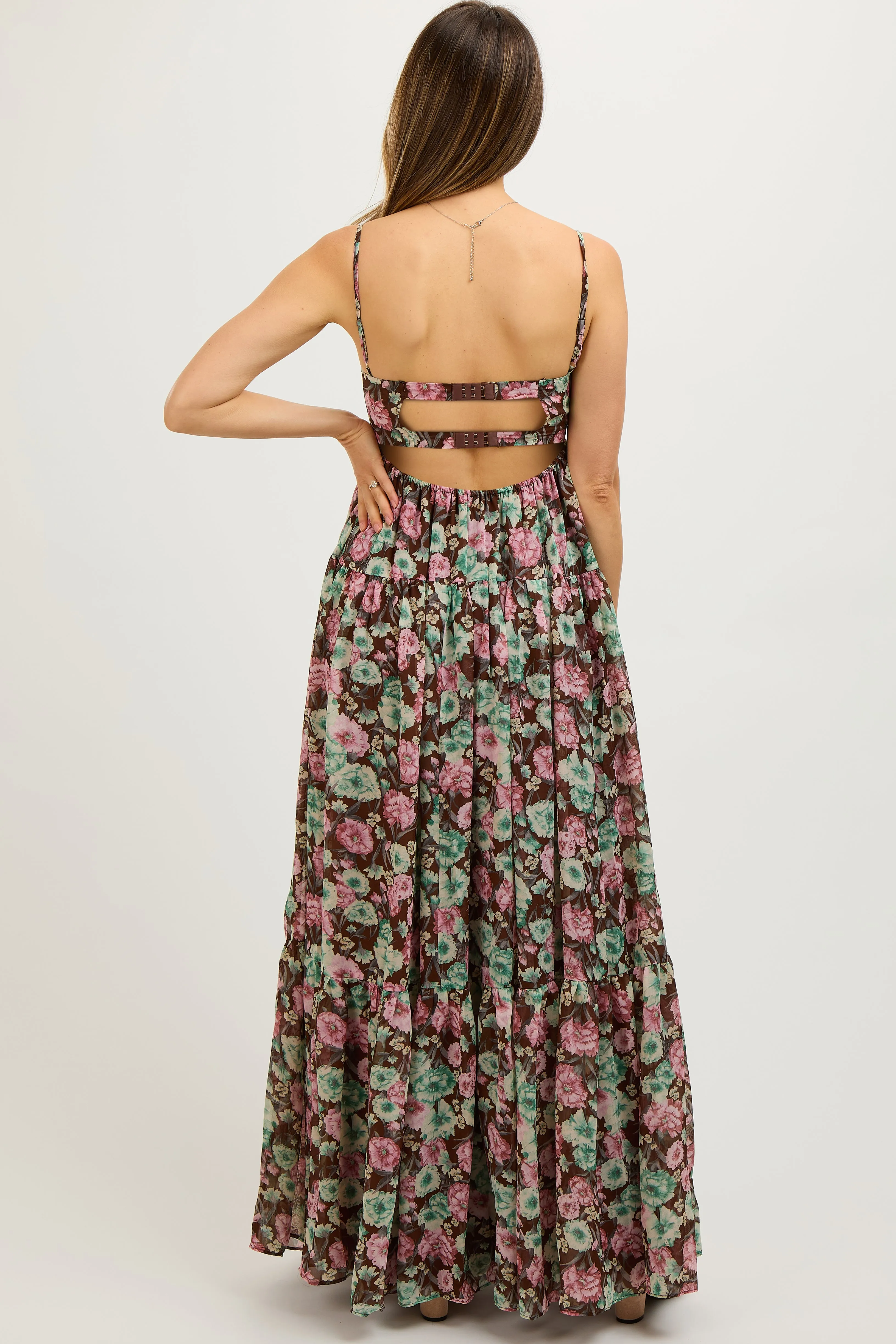 Brown Floral Sleeveless Tiered Maternity Maxi Dress sold by Pinkblush product image thumbnail 4