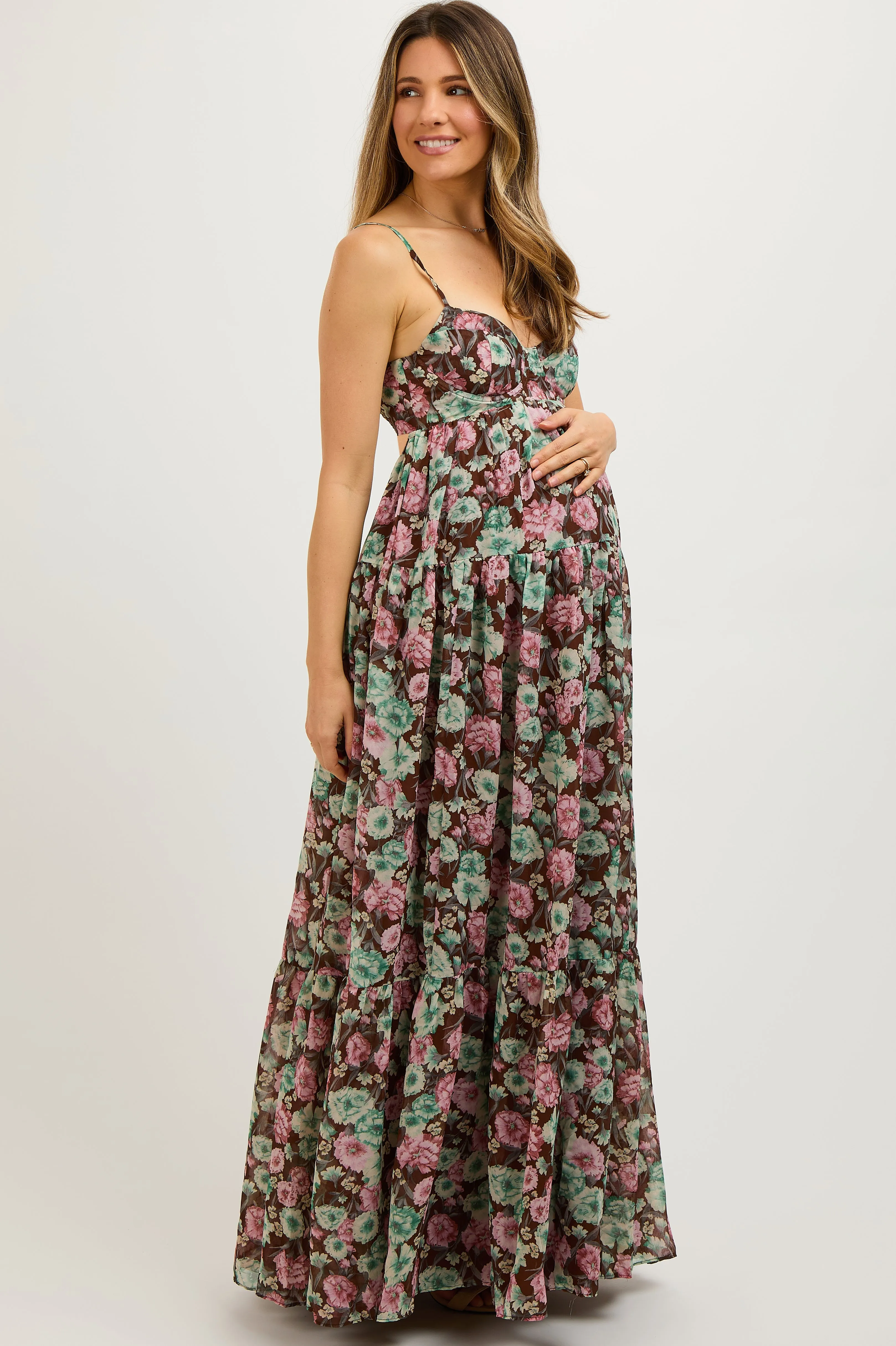 Brown Floral Sleeveless Tiered Maternity Maxi Dress sold by Pinkblush