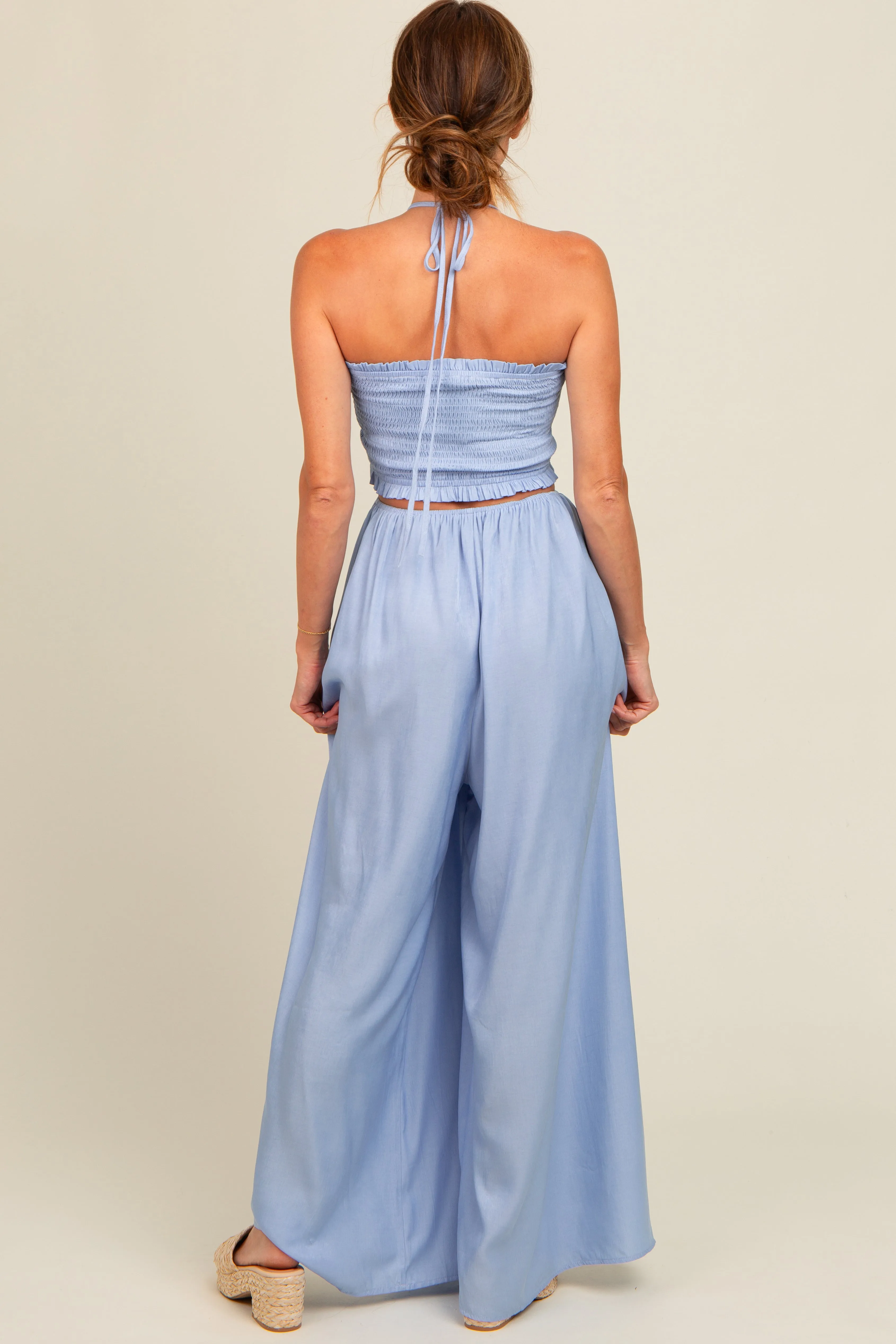 Light Blue Smocked Drawstring Halter Side Cutout Jumpsuit sold by Pinkblush product image thumbnail 3