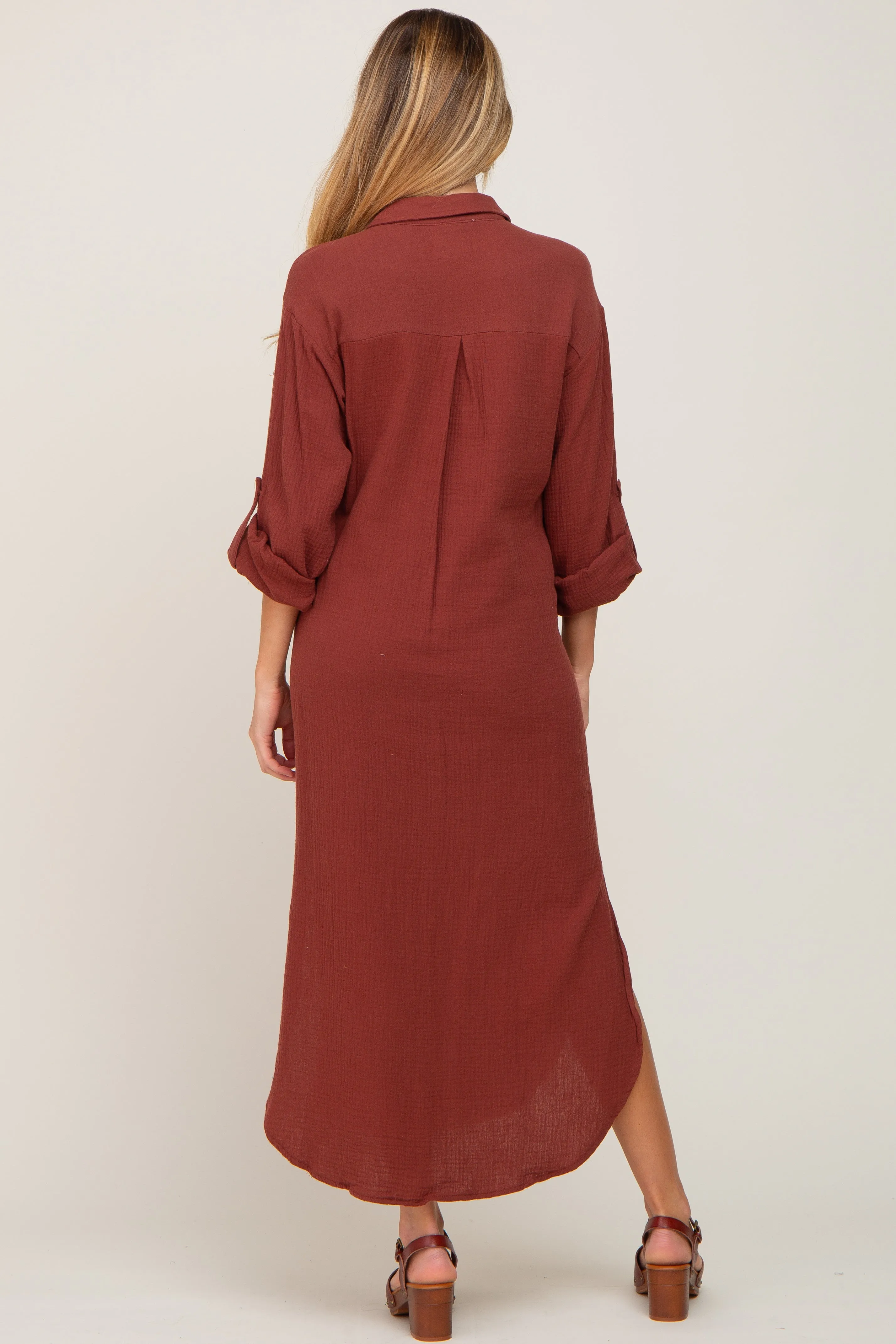 Rust Button Down 3/4 Sleeve Maternity Midi Dress sold by Pinkblush product image thumbnail 3