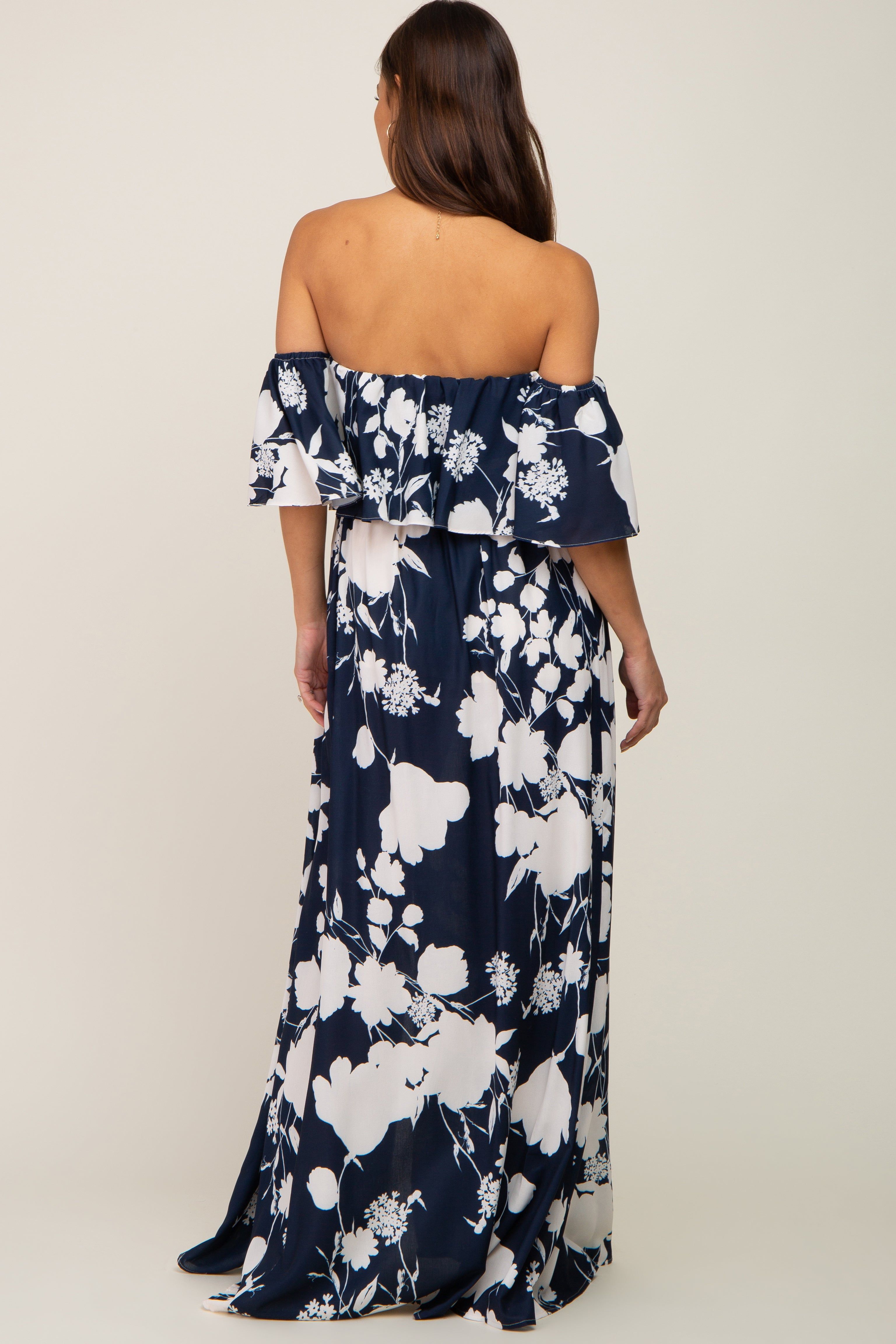 Navy Blue Floral Overlay Off-Shoulder Side Slit Maternity Maxi Dress sold by Pinkblush product image thumbnail 3