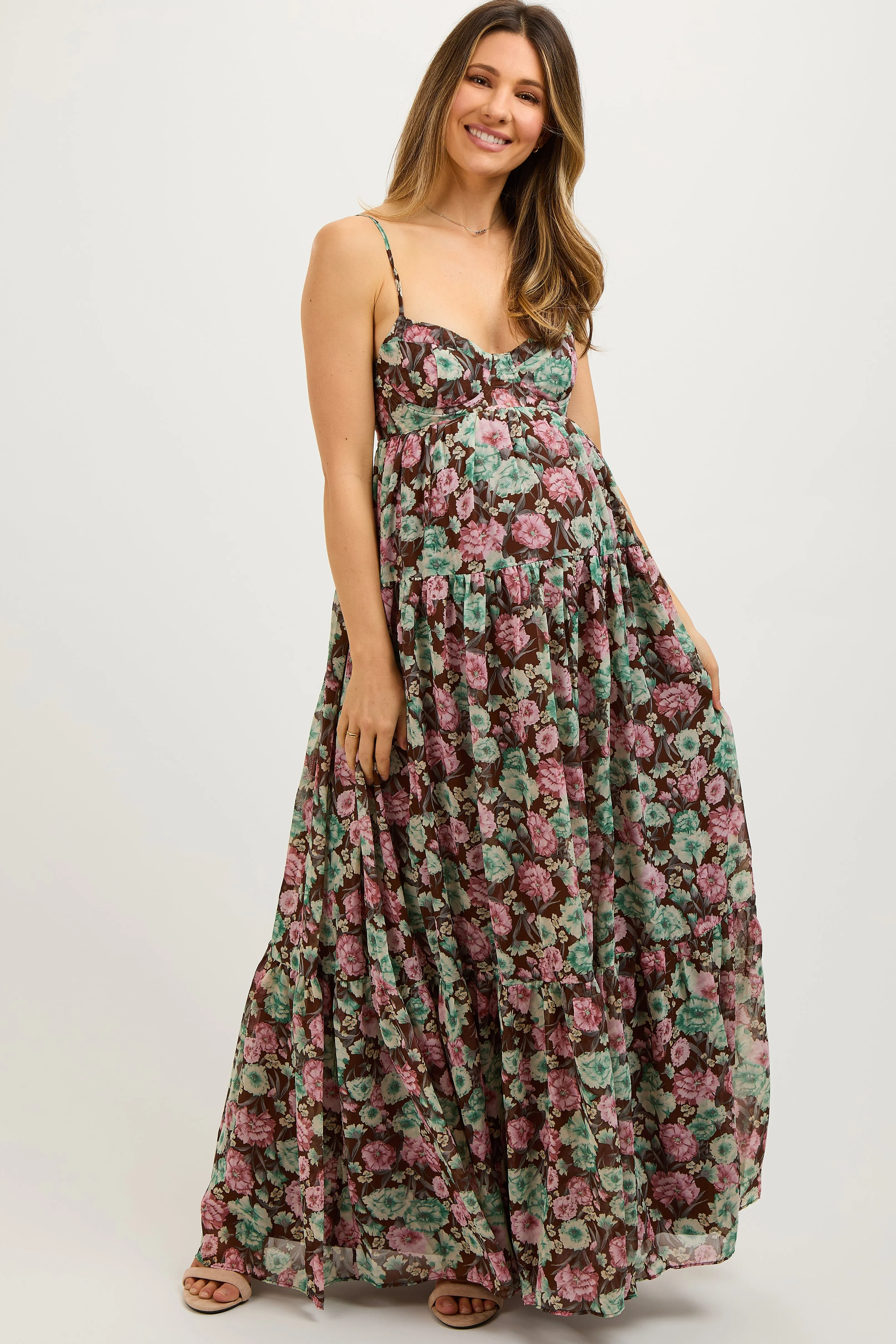 Brown Floral Sleeveless Tiered Maternity Maxi Dress sold by Pinkblush product image thumbnail 2
