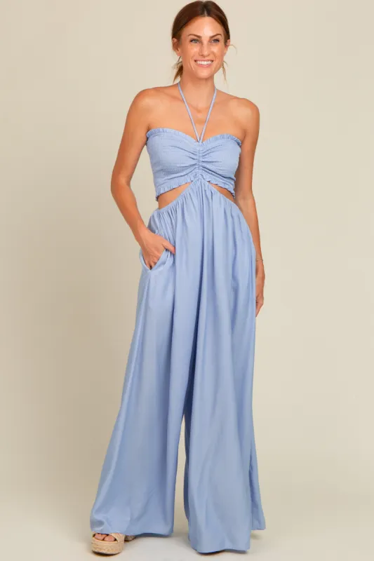 Light Blue Smocked Drawstring Halter Side Cutout Jumpsuit sold by Pinkblush