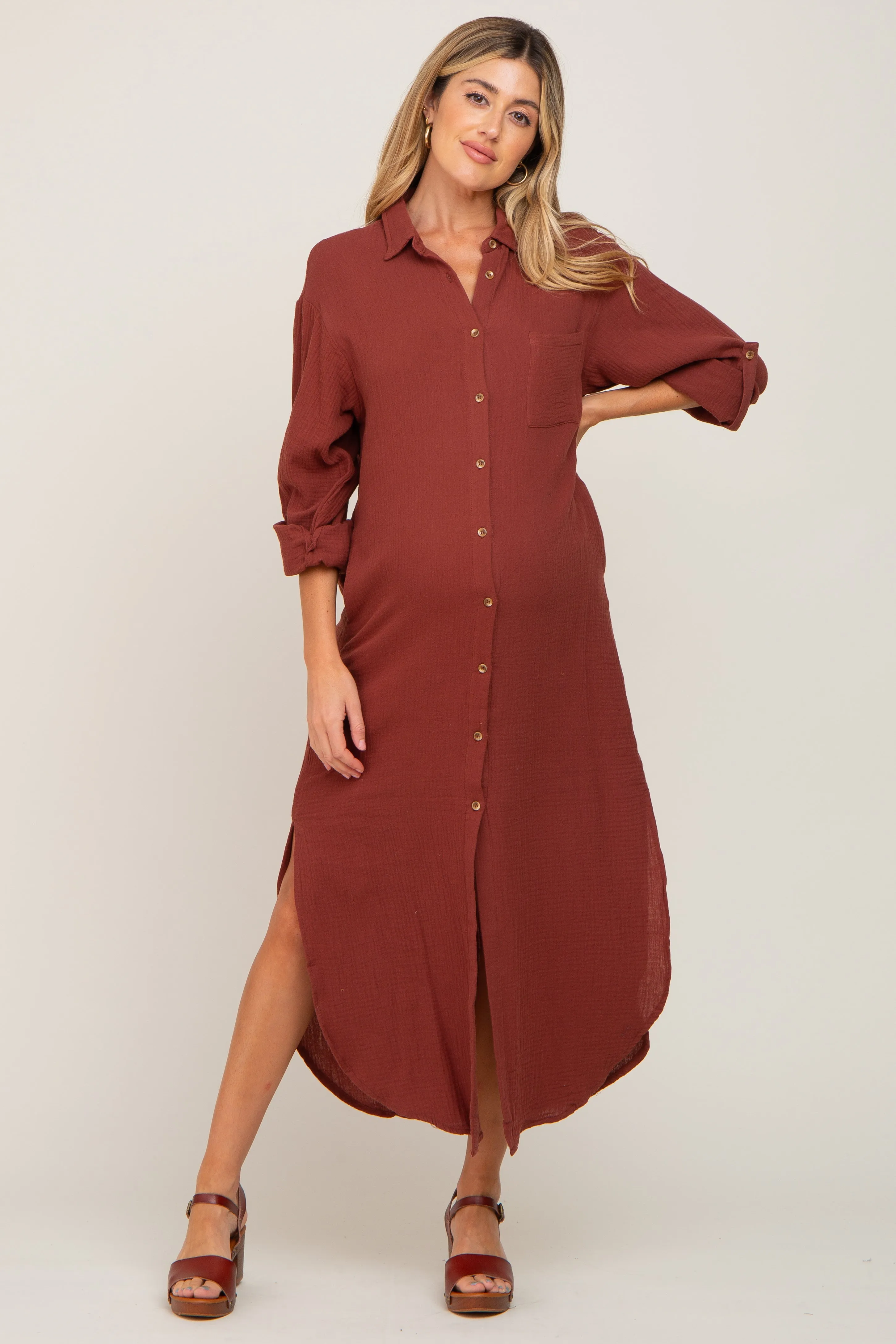 Rust Button Down 3/4 Sleeve Maternity Midi Dress sold by Pinkblush