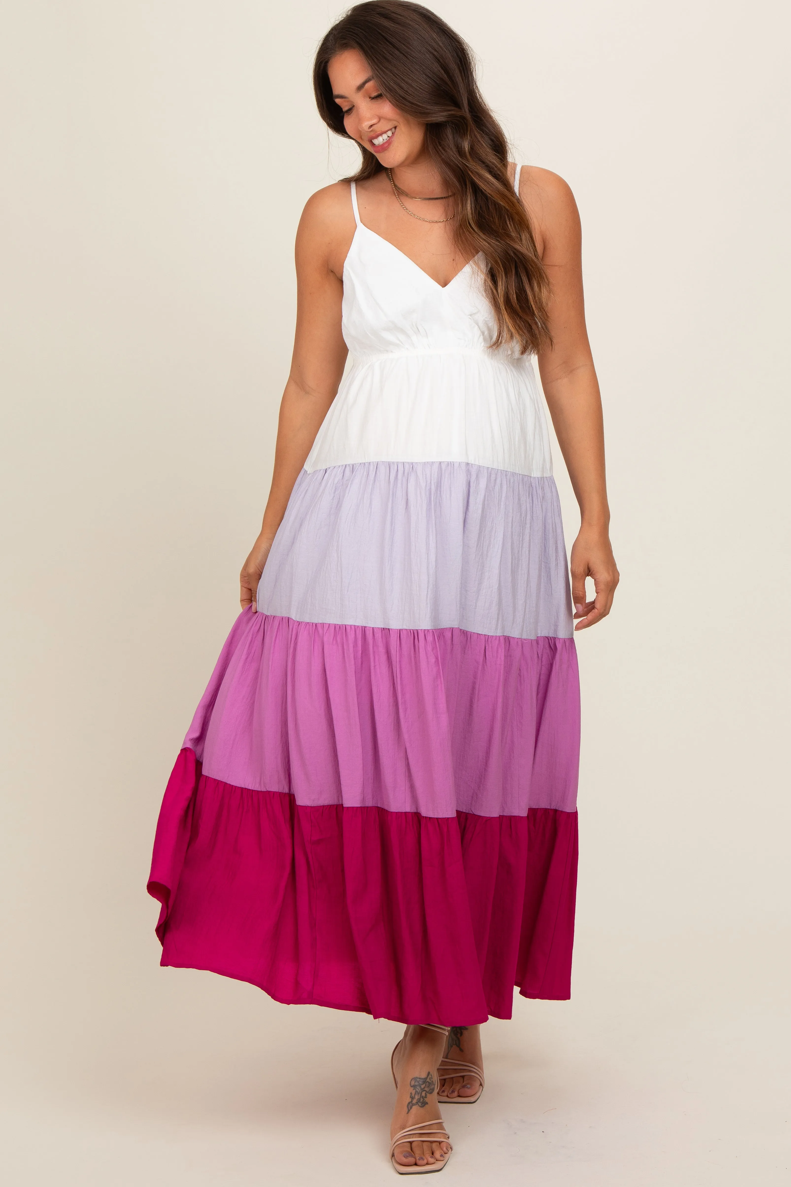 Magenta V-Neck Tiered Color Block Maternity Midi Dress sold by Pinkblush product image thumbnail 2