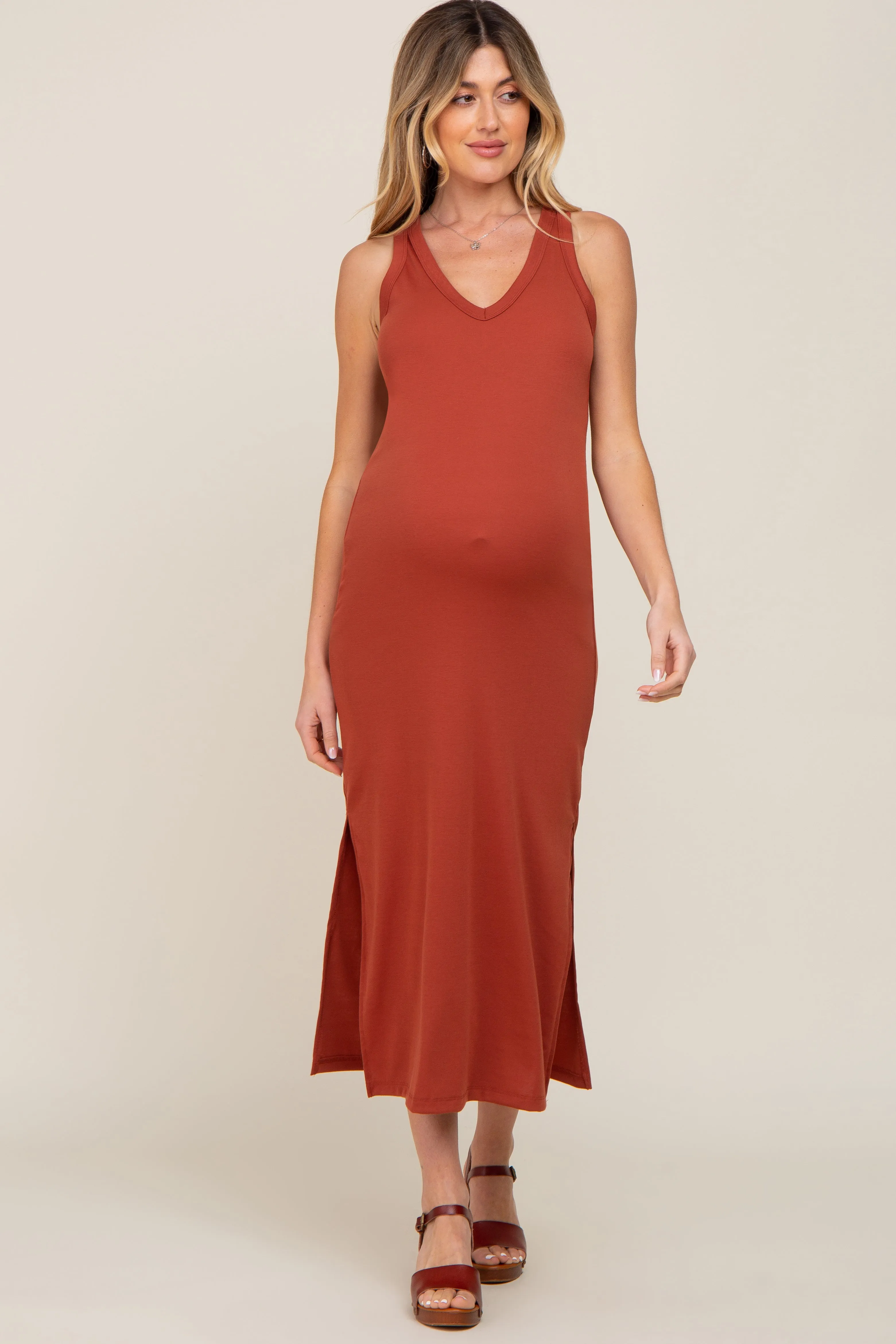 Rust Basic Maternity Shift Midi Dress sold by Pinkblush product image thumbnail 4