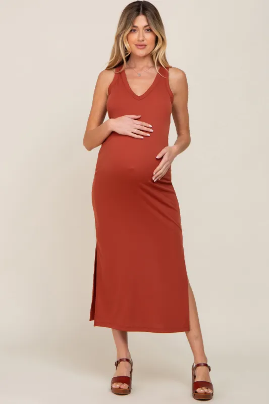 Rust Basic Maternity Shift Midi Dress sold by Pinkblush