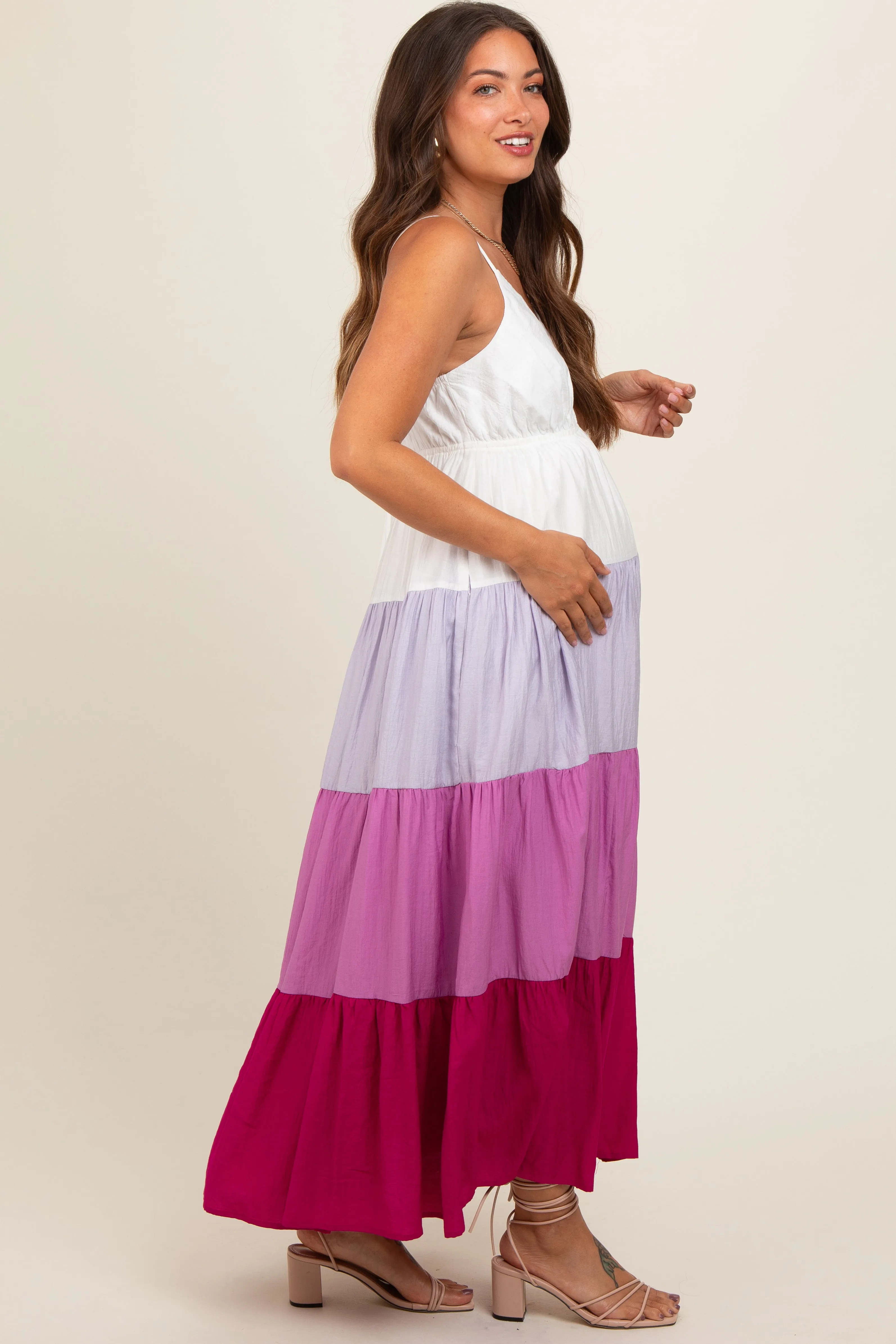 Magenta V-Neck Tiered Color Block Maternity Midi Dress sold by Pinkblush product image thumbnail 3