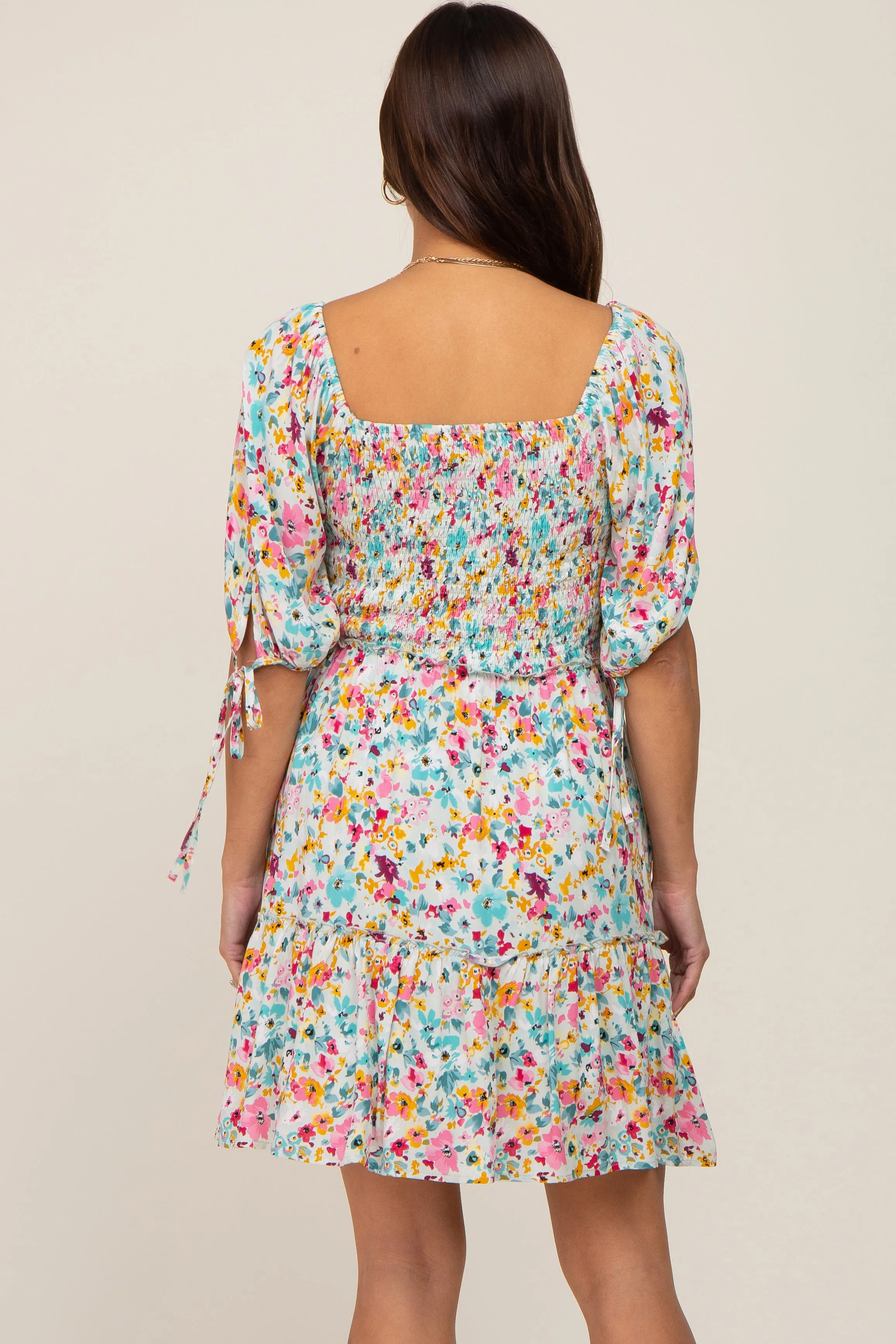 Mint Green Floral Smocked Square Neck Ruffle Maternity Dress sold by Pinkblush product image thumbnail 4