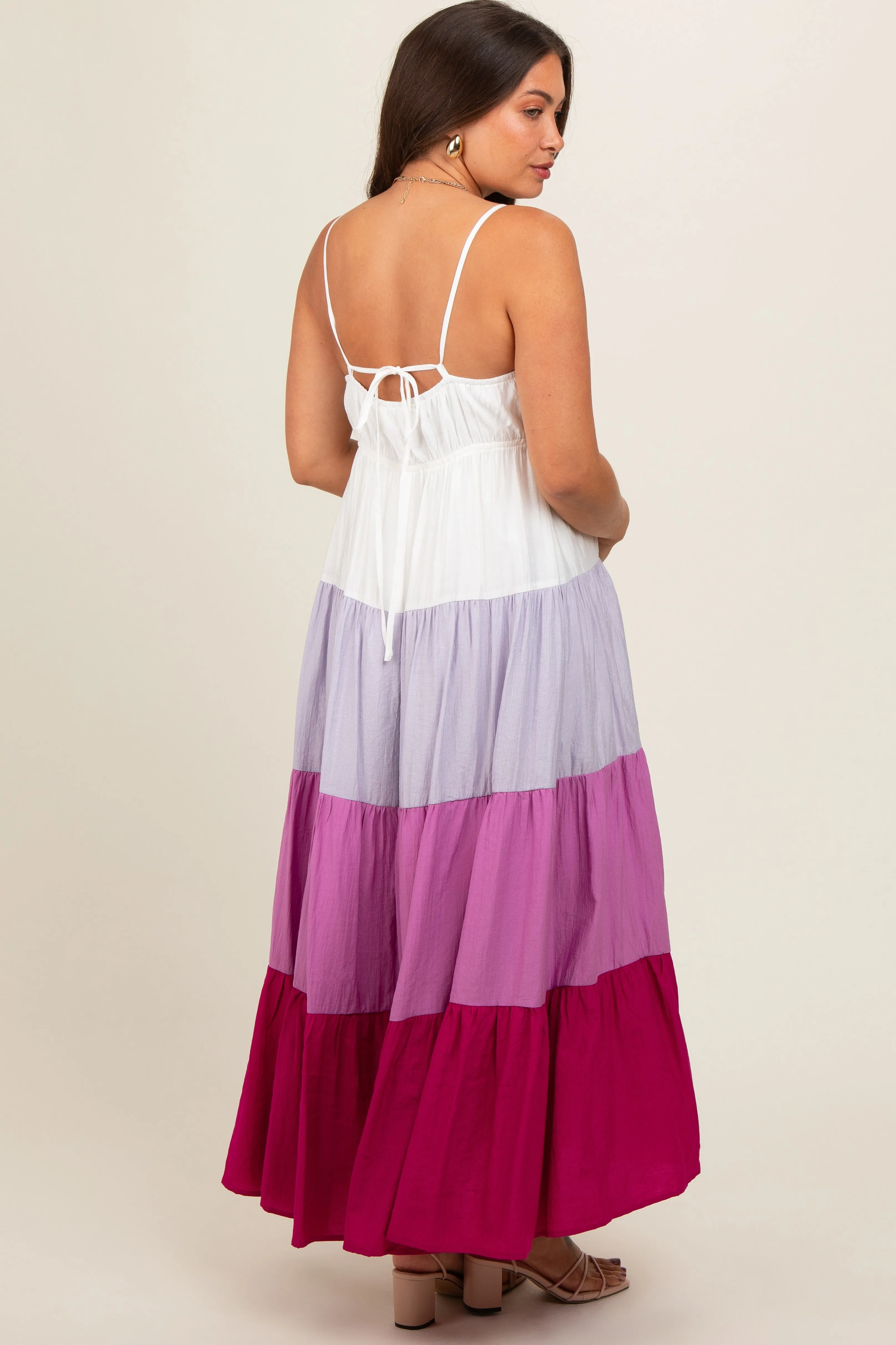 Magenta V-Neck Tiered Color Block Maternity Midi Dress sold by Pinkblush product image thumbnail 4