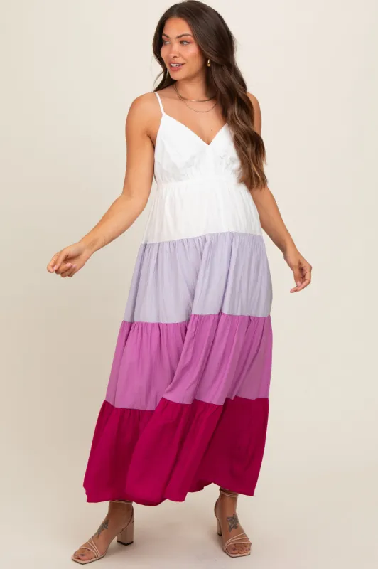 Magenta V-Neck Tiered Color Block Maternity Midi Dress sold by Pinkblush