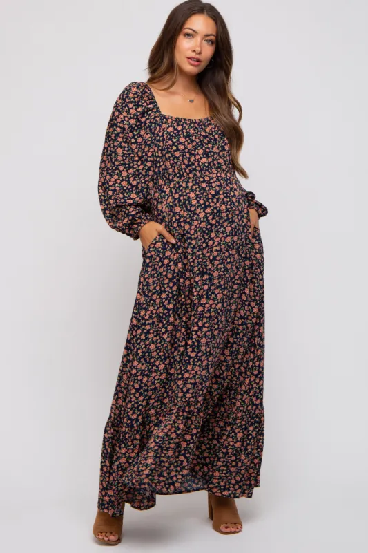 Navy Blue Floral Square Neck Ruffle Maternity Maxi Dress sold by Pinkblush