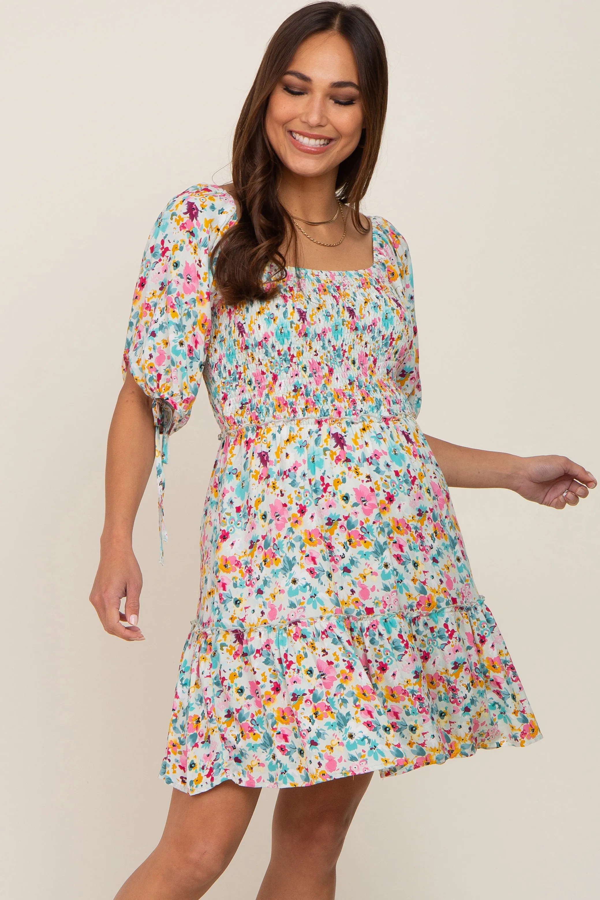 Mint Green Floral Smocked Square Neck Ruffle Maternity Dress sold by Pinkblush product image thumbnail 2