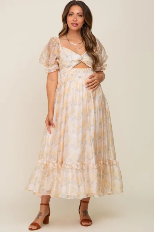Yellow Floral Shimmer Sweetheart Neck Front Cutout Maternity Midi Dress sold by Pinkblush