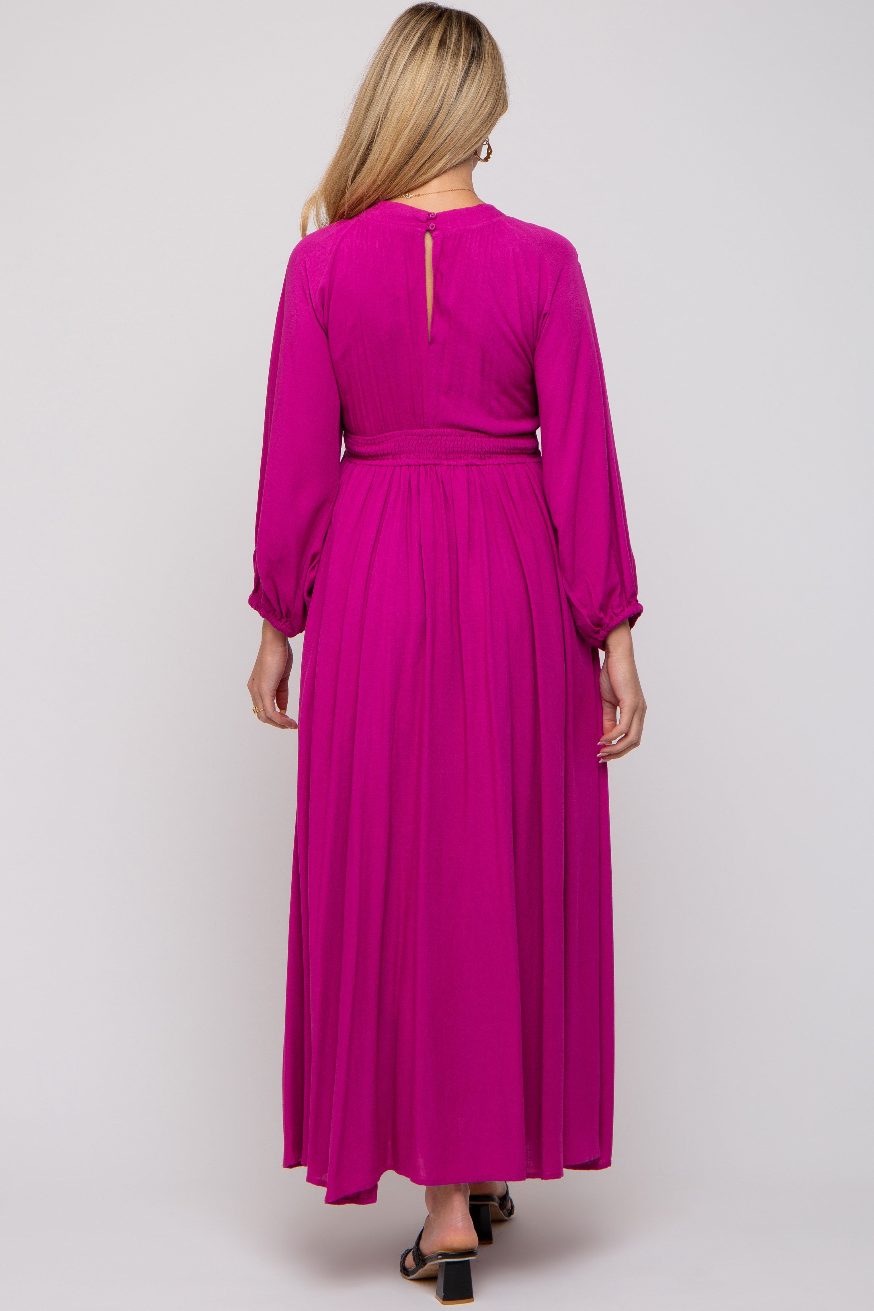 Magenta Deep V-Neck Smocked Waist Maternity Maxi Dress sold by Pinkblush product image thumbnail 3