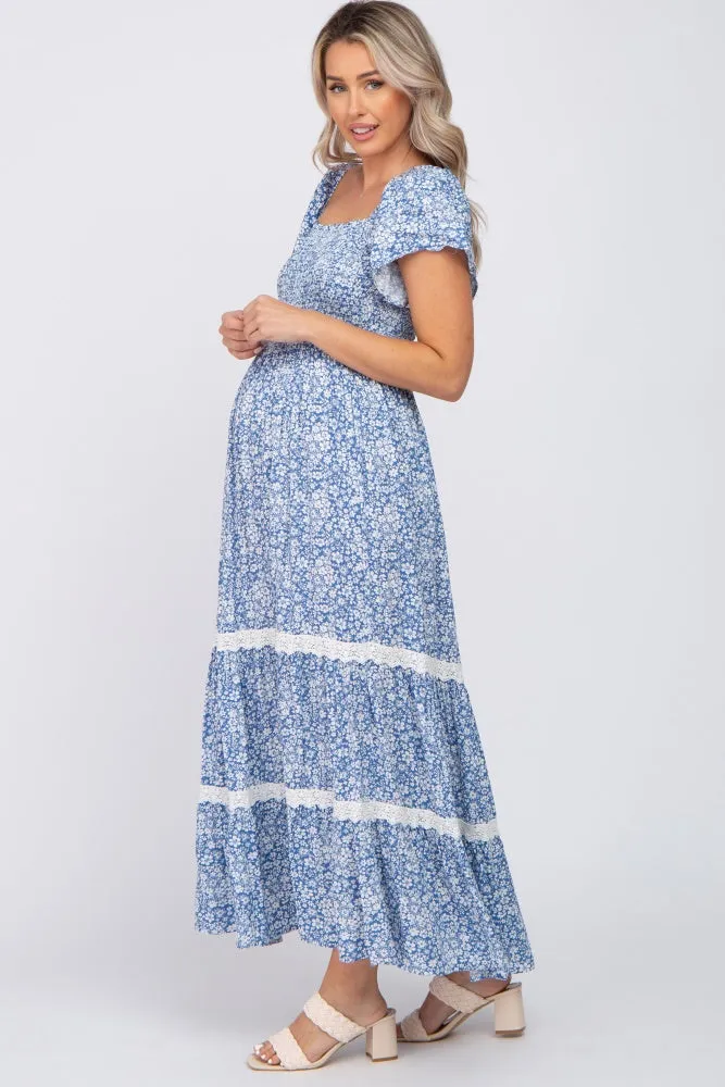 Blue Floral Square Neck Smocked Front Lace Trim Maternity Maxi Dress sold by Pinkblush product image thumbnail 2