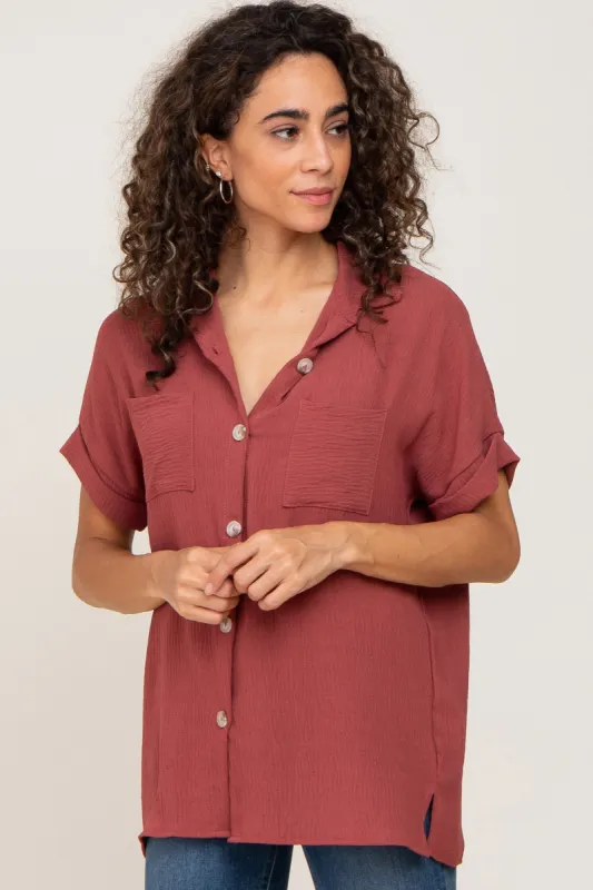 Burgundy Collared Button-Down Short Sleeve Blouse sold by Pinkblush