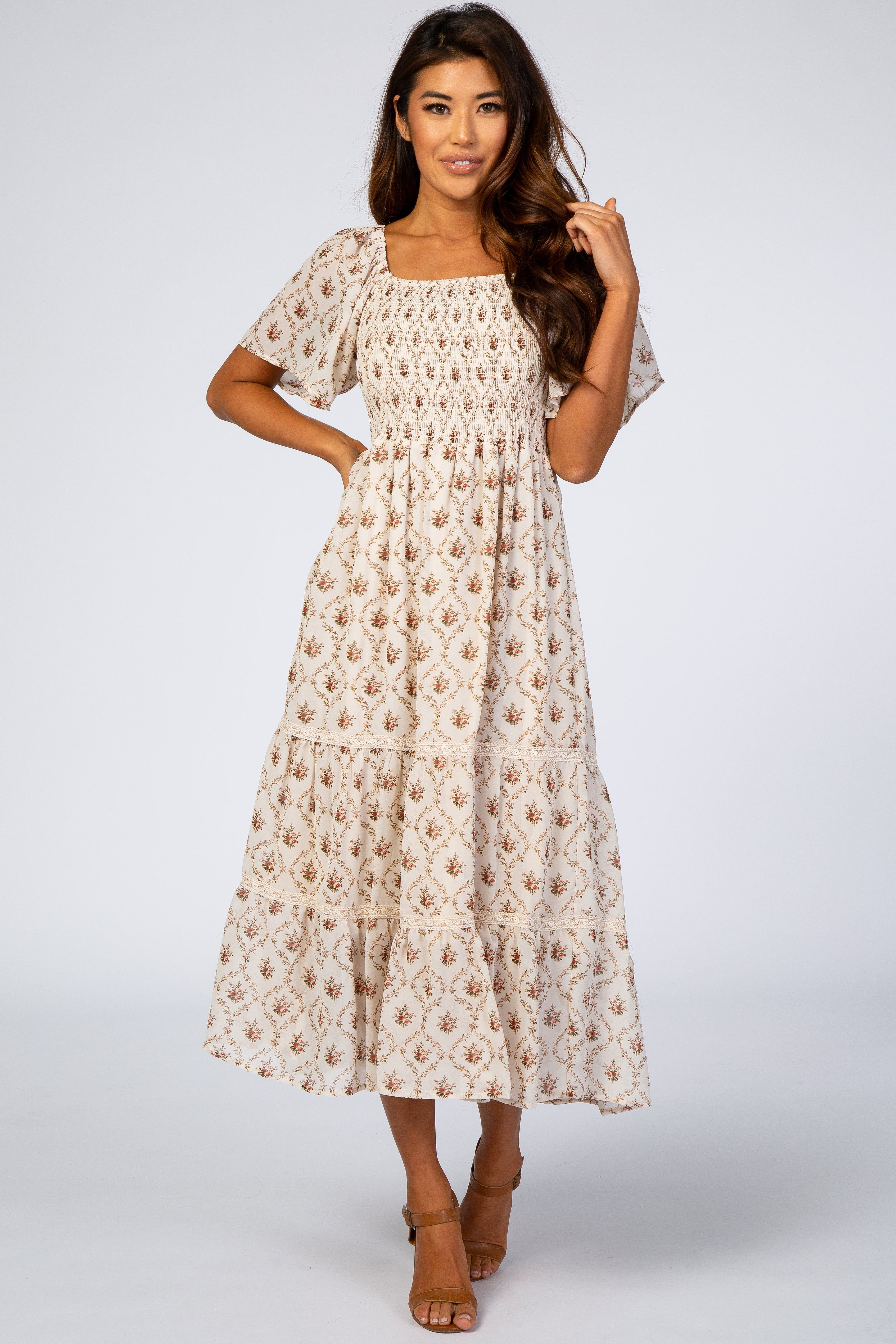 Ivory Floral Chiffon Smocked Front Lace Trim Midi Dress sold by Pinkblush