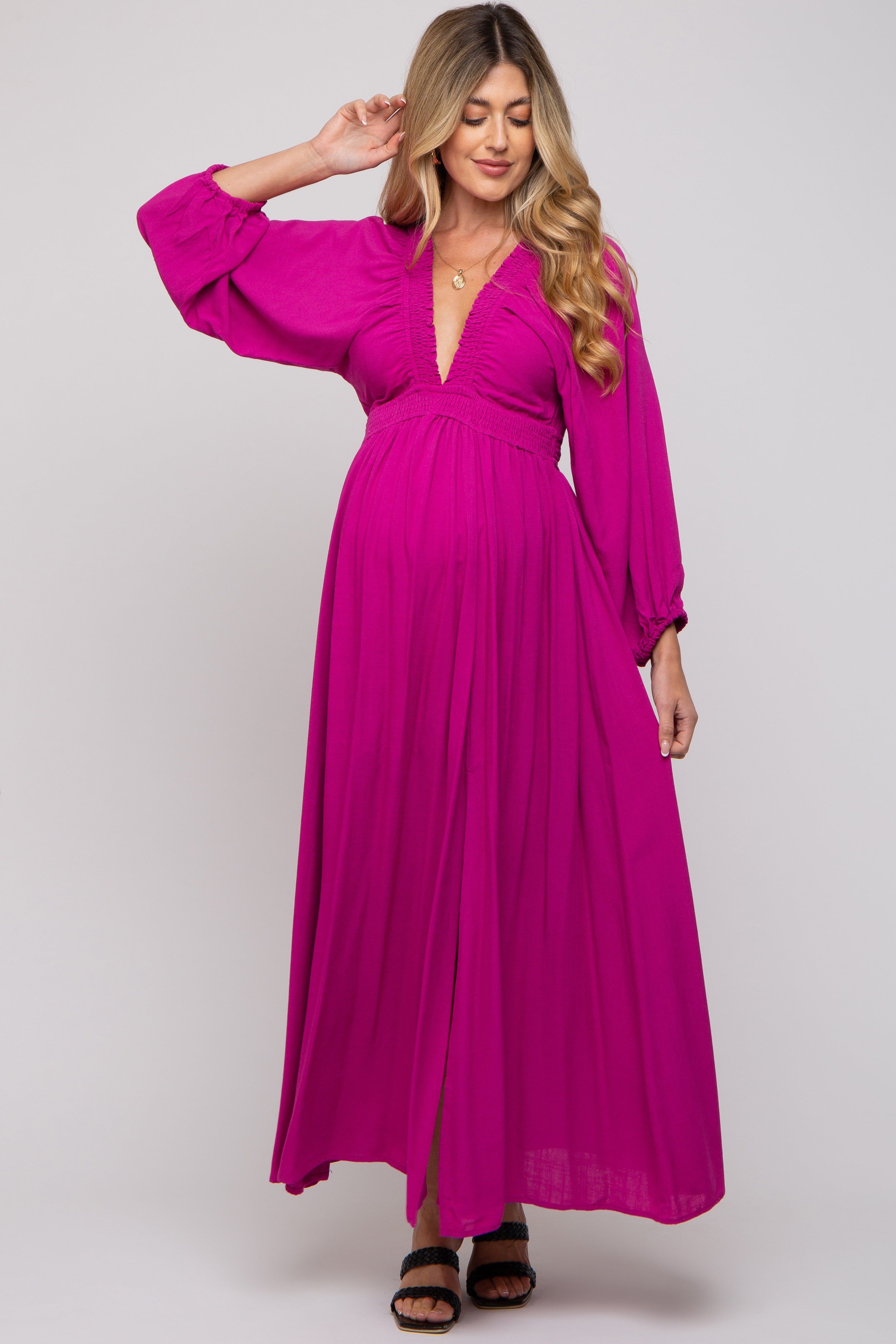Magenta Deep V-Neck Smocked Waist Maternity Maxi Dress sold by Pinkblush product image thumbnail 4