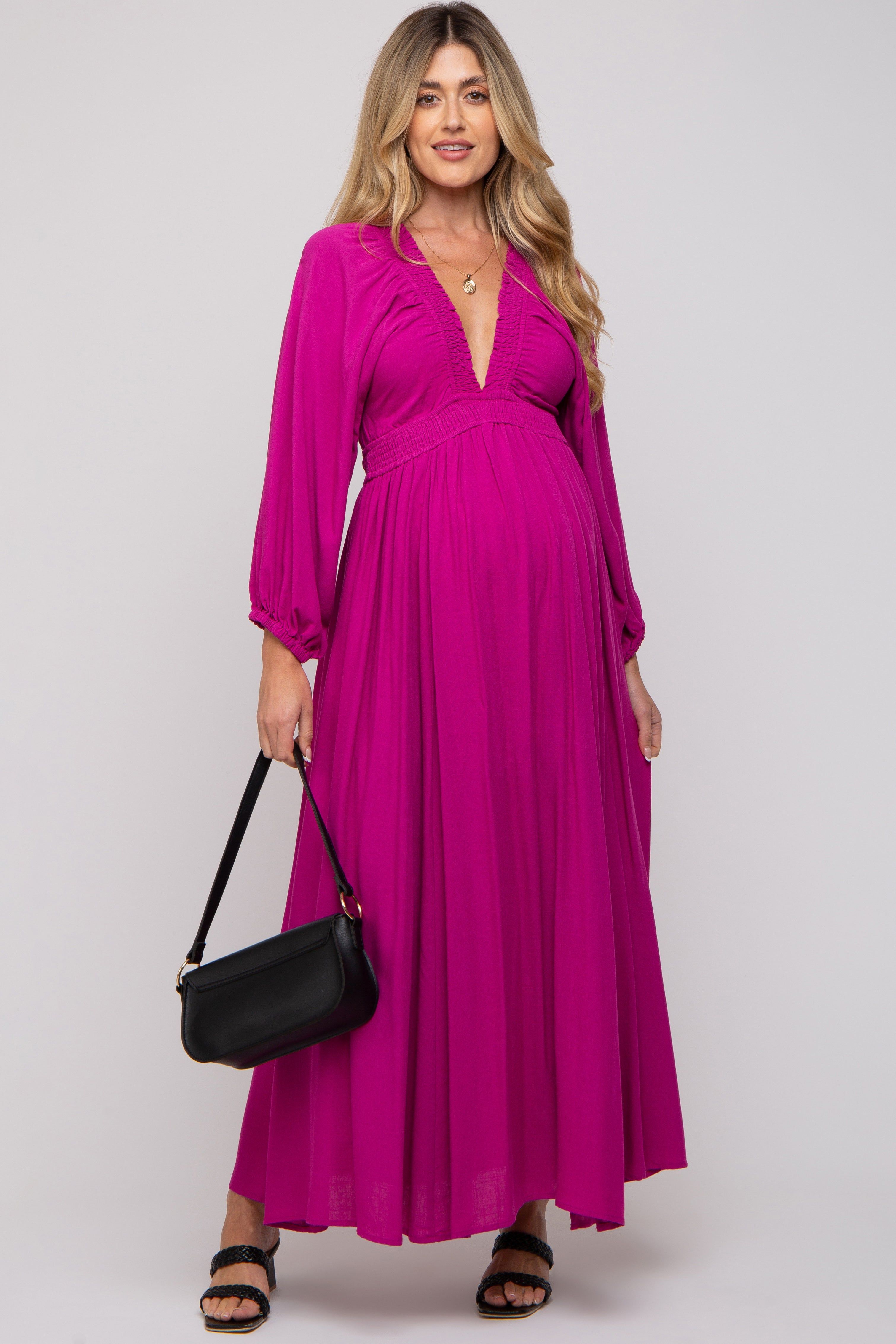 Magenta Deep V-Neck Smocked Waist Maternity Maxi Dress sold by Pinkblush