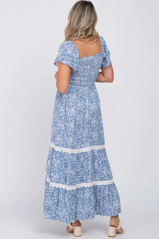 Blue Floral Square Neck Smocked Front Lace Trim Maternity Maxi Dress sold by Pinkblush product image thumbnail 3