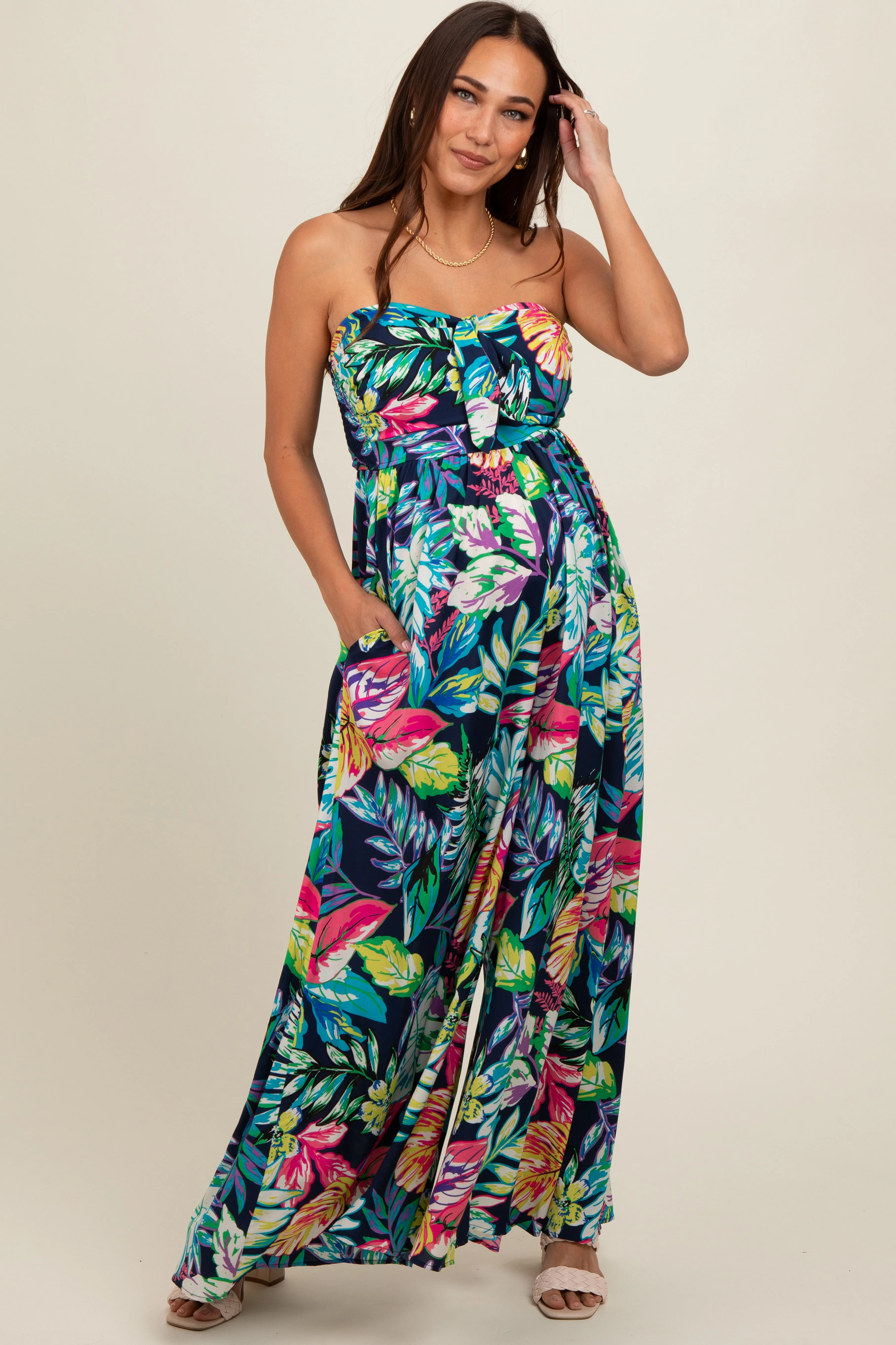 Navy Floral Strapless Front Tie Maternity Jumpsuit sold by Pinkblush