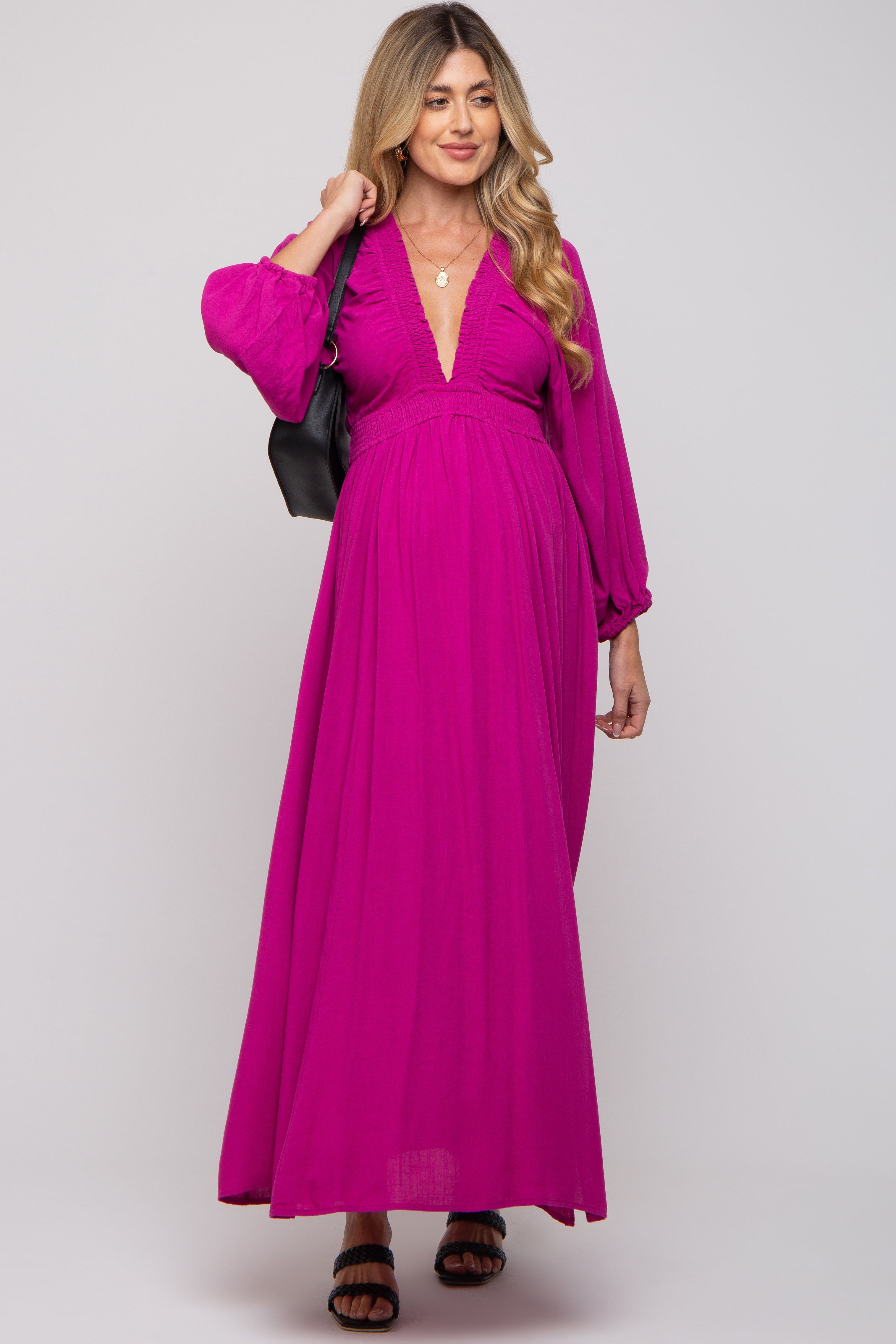 Magenta Deep V-Neck Smocked Waist Maternity Maxi Dress sold by Pinkblush product image thumbnail 5