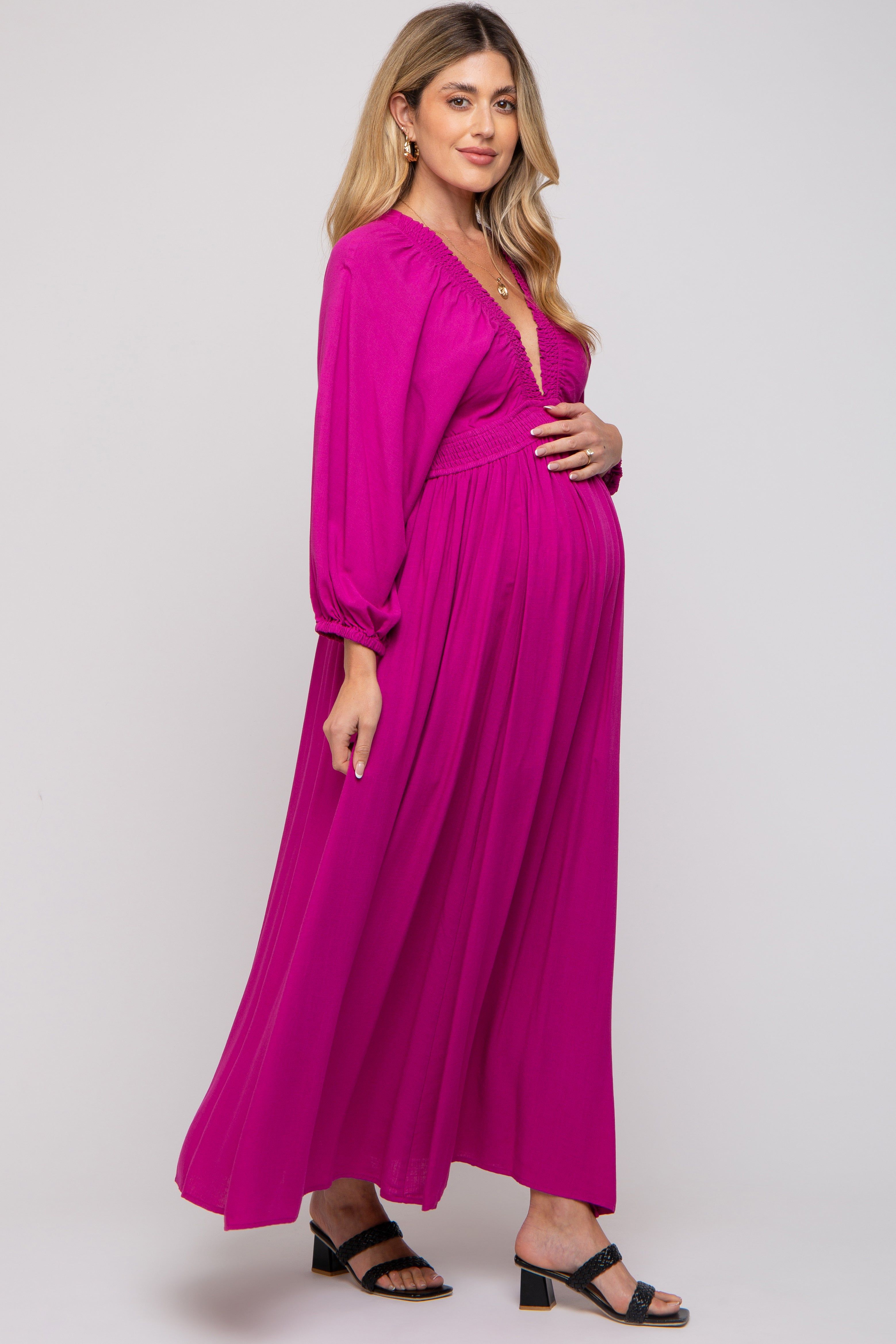 Magenta Deep V-Neck Smocked Waist Maternity Maxi Dress sold by Pinkblush product image thumbnail 2
