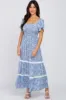 Blue Floral Square Neck Smocked Front Lace Trim Maternity Maxi Dress sold by Pinkblush