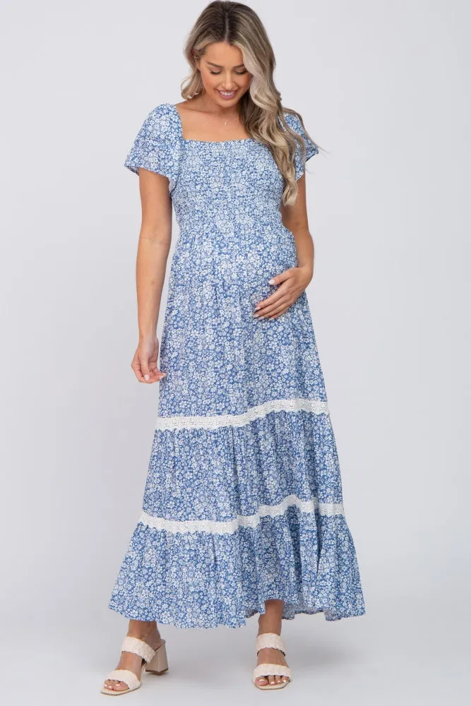 Blue Floral Square Neck Smocked Front Lace Trim Maternity Maxi Dress sold by Pinkblush
