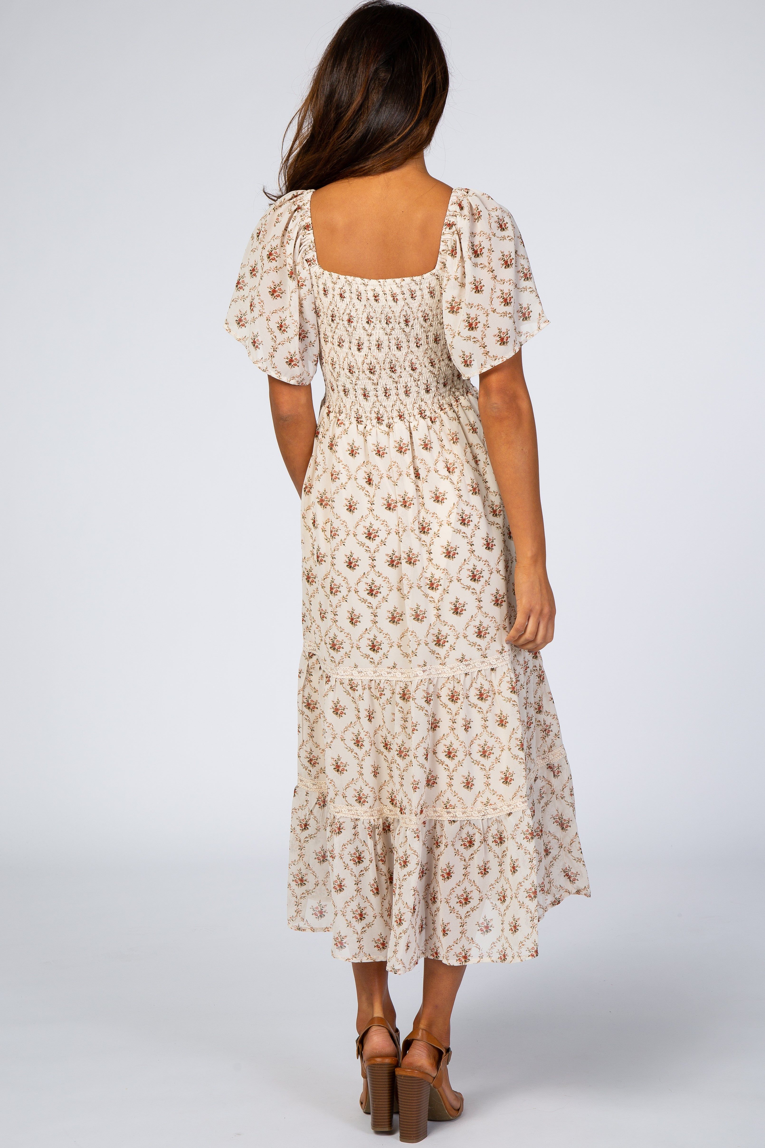 Ivory Floral Chiffon Smocked Front Lace Trim Midi Dress sold by Pinkblush product image thumbnail 3