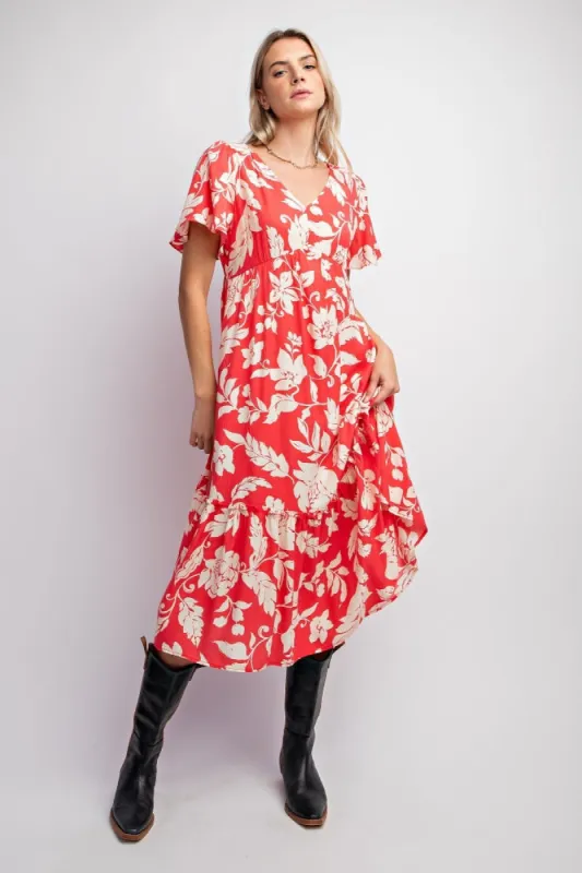 Red Tropical Print Ruffle Midi Dress sold by Pinkblush