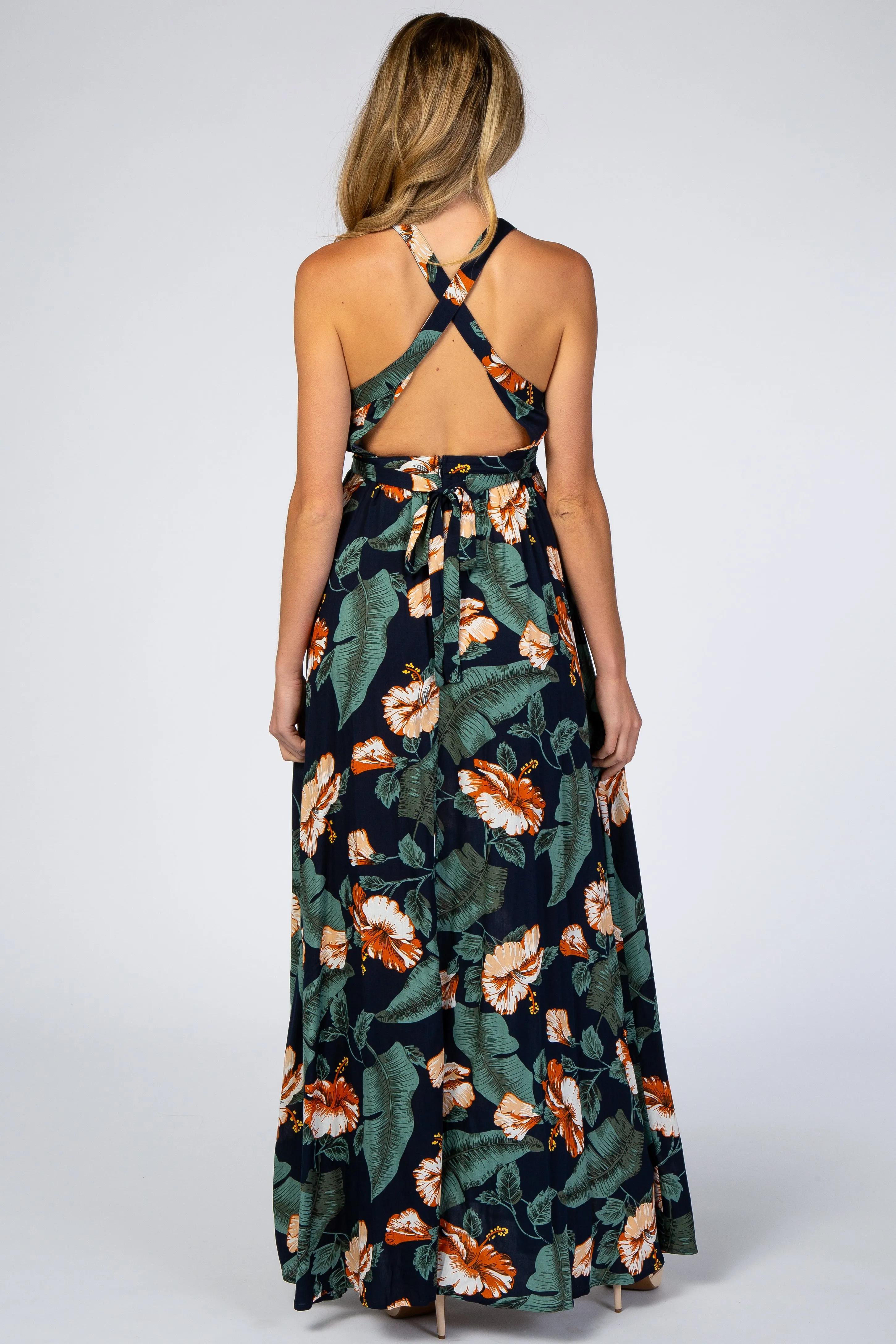 Navy Blue Palm Print Cross Back Maternity Maxi Dress sold by Pinkblush product image thumbnail 3
