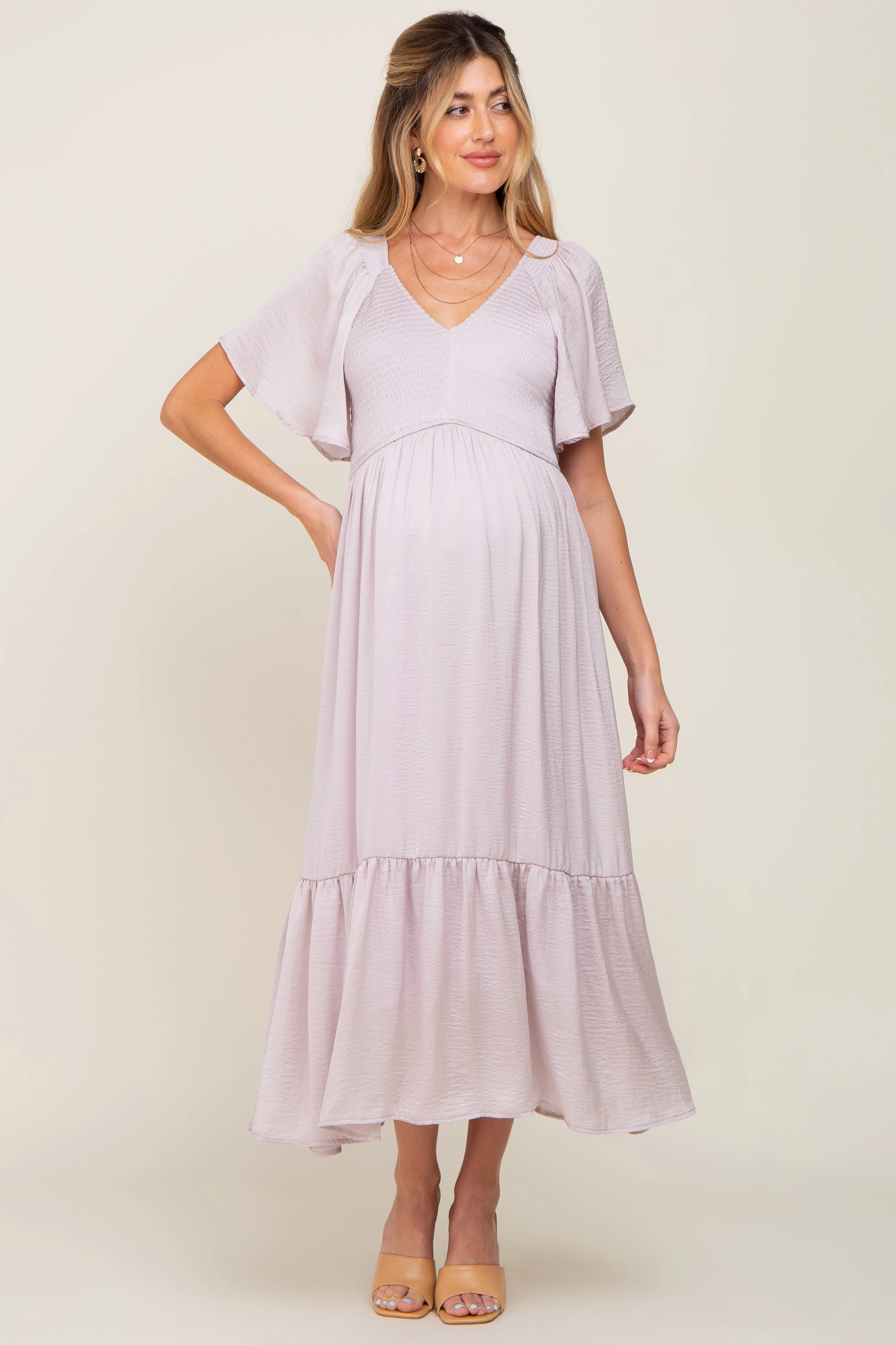 Grey Lavender Satin Smocked Maternity Midi Dress sold by Pinkblush product image thumbnail 4